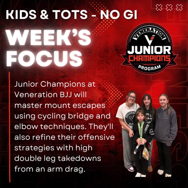 Junior Champions at Veneration BJJ will focus on mastering their mount escapes, specifically utilizing the cycling bridge and elbow techniques to enhance their defensive abilities on the mats. In addition to honing their defensive skills, they will work on refining their offensive strategies by practicing high double leg takedowns from an arm drag, aiming for successful takedowns. This comprehensive approach promises to boost their confidence and effectiveness in both defensive and offensive maneuvers.
MONDAY, WEDNESDAY & FRIDAY
? 4:30p.m. Kids
? 5:30p.m. Kids
?5:30-6:00p.m. TOTS - (no class on Friday)
#KidsNoGi #BJJKids #YouthGrappling #NoGiJiuJitsu #LittleGrapplers #MiniMartialArtists #JiuJitsuFun #BJJFamily #MartialArtsForKids #ConfidentKids #BJJJourney #TinyWarriors #JiuJitsuLife #BJJTraining #SelfDefenseForKids #JiuJitsuCommunity #TotsOnTheMats #BJJFuture #YoungGrapplers #MartialArtsLifestyle