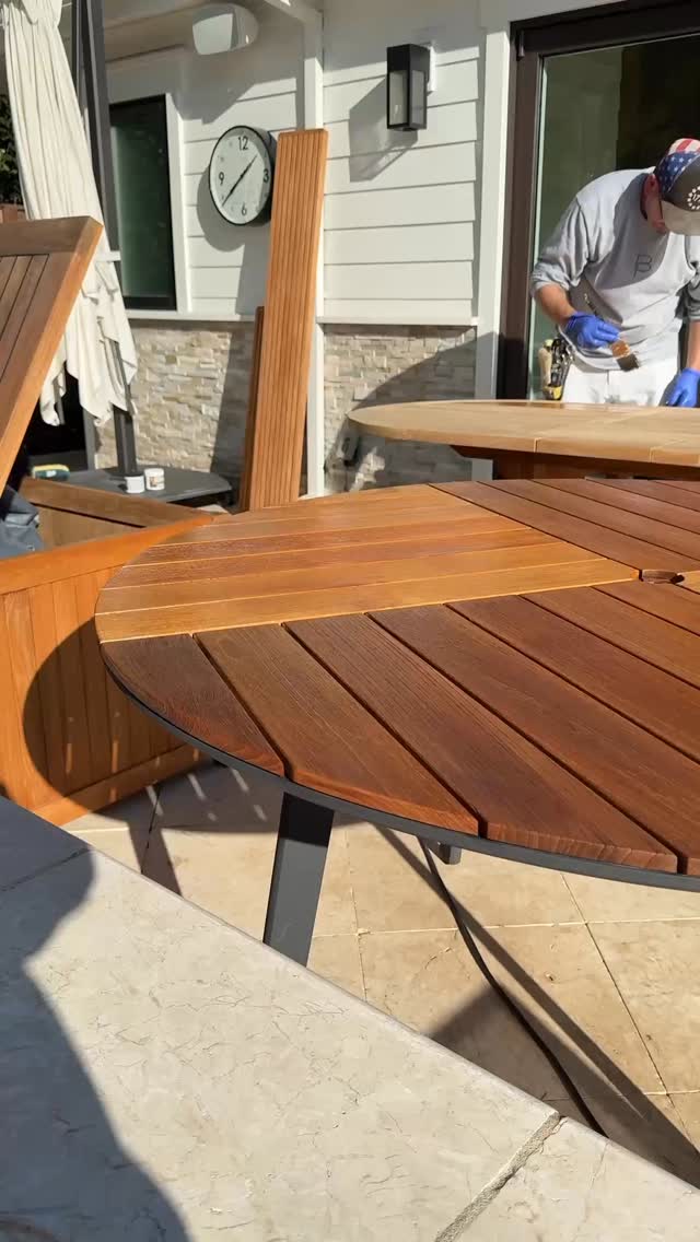 This is how natural teak stays timeless.
While this teak table is complete and glowing, another is getting the same level of care.
Beautifying, protecting, & preserving the Bay. The BP way.