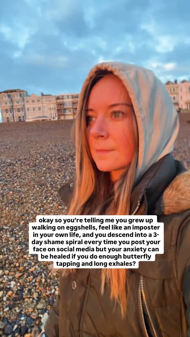 Yeah no it’s deeper and way more self affirming than that.
To heal anxiety, you’ve got to go deeper than the surface level management and coping strategies.
Because when you stay there hovering on the surface, you miss the absolute WISDOM that anxiety is urging you towards.
And that wisdom is in your subconscious. The part that’s running 99% of your show and the root of your anxiety.
But instead of looking there, we simply show up to our morning routine every day and use our tool boxes to keep the subconscious nice and still and contained and continue to let the conscious rule.
Do the butterfly hugs when we feel that depth rousing with emotion.
And practice 4-7-8 breathing any time it shows signs of wanting to be expressed through a trigger.
Which might be enough if anxiety WAS just caused by a dysregulated nervous system… but it isn’t.
It’s caused by YOU! A part of you that’s trying to let you know that you’re done with the masks and the Good Girl pattern and with staying small and neat.
If you’ve got the perfect somatic toolbox and you’ve mastered regulation and you still feel stuck, comment CHARGE and I’ll send you the link to join the waitlist for my upcoming mini course, The Charge.
It’s launching SOON and it’ll guide you straight into the wisdom of your anxiety so that you can integrate it and use the energy of it to evolve into the truest version of you instead of in continuing to fuel the versions you’ve been conditioned into.