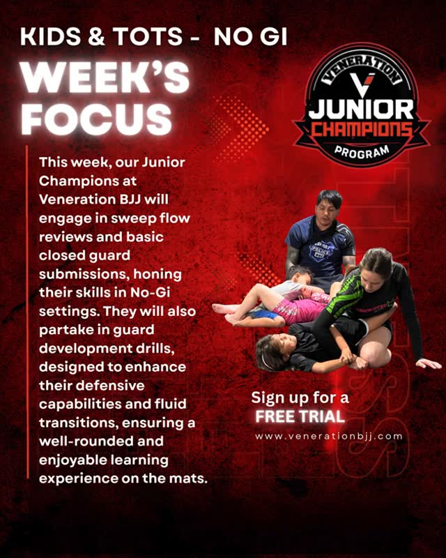 This week, our Junior Champions at Veneration BJJ will focus on sweep flow reviews and fundamental closed guard submissions, sharpening their skills in No-Gi environments. They will also participate in guard development drills aimed at improving their defensive abilities and seamless transitions, guaranteeing a comprehensive and enjoyable learning experience on the mats.
Training Schedule:
Monday, Wednesday & Friday
4:30 p.m. Kids
? No Gi
?? Coach Ben
5:30 p.m. Kids
? No Gi
?? Coach Ben
Monday & Wednesday
5:30 p.m.- 6:00 p.m. Tots (Ages 4 & 5)
? No Gi
?? Coach Ben
Join us and help your child develop their skills in a supportive and energetic environment. Let’s cultivate their passion for Brazilian Jiu Jitsu and empower them with confidence on and off the mats.
#JuniorNoGiChampions #VenerationBJJ #BJJKids #NoGiWeek #JiuJitsuJourney #BJJCommunity #MartialArtsForKids #GrapplingFun #BJJWisconsin #YouthJiuJitsu #JiuJitsuLifestyle #BJJForEveryone #NoGiTraining #KidsGrappling #BJJGoals #YouthEmpowerment #JiuJitsuFamily