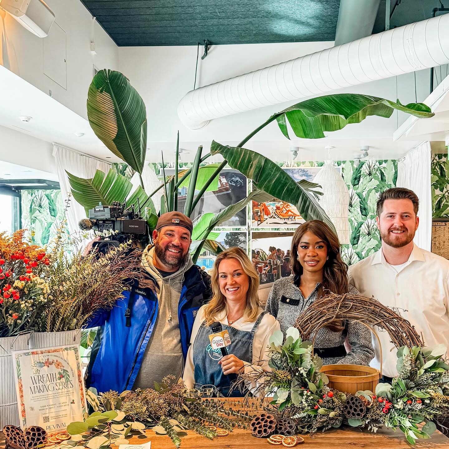 I spent the morning @revivalatthesawyer on @gooddaysac with @sadebrowne_ promoting our partnership on their Wreath Series events happening tonight and December 3rd! Tonight’s Fall Wreath workshop is Sold Out but tickets for the Holiday Wreath Workshop are up on our website! This is a beautiful location and they include wine with the workshop! 🥂