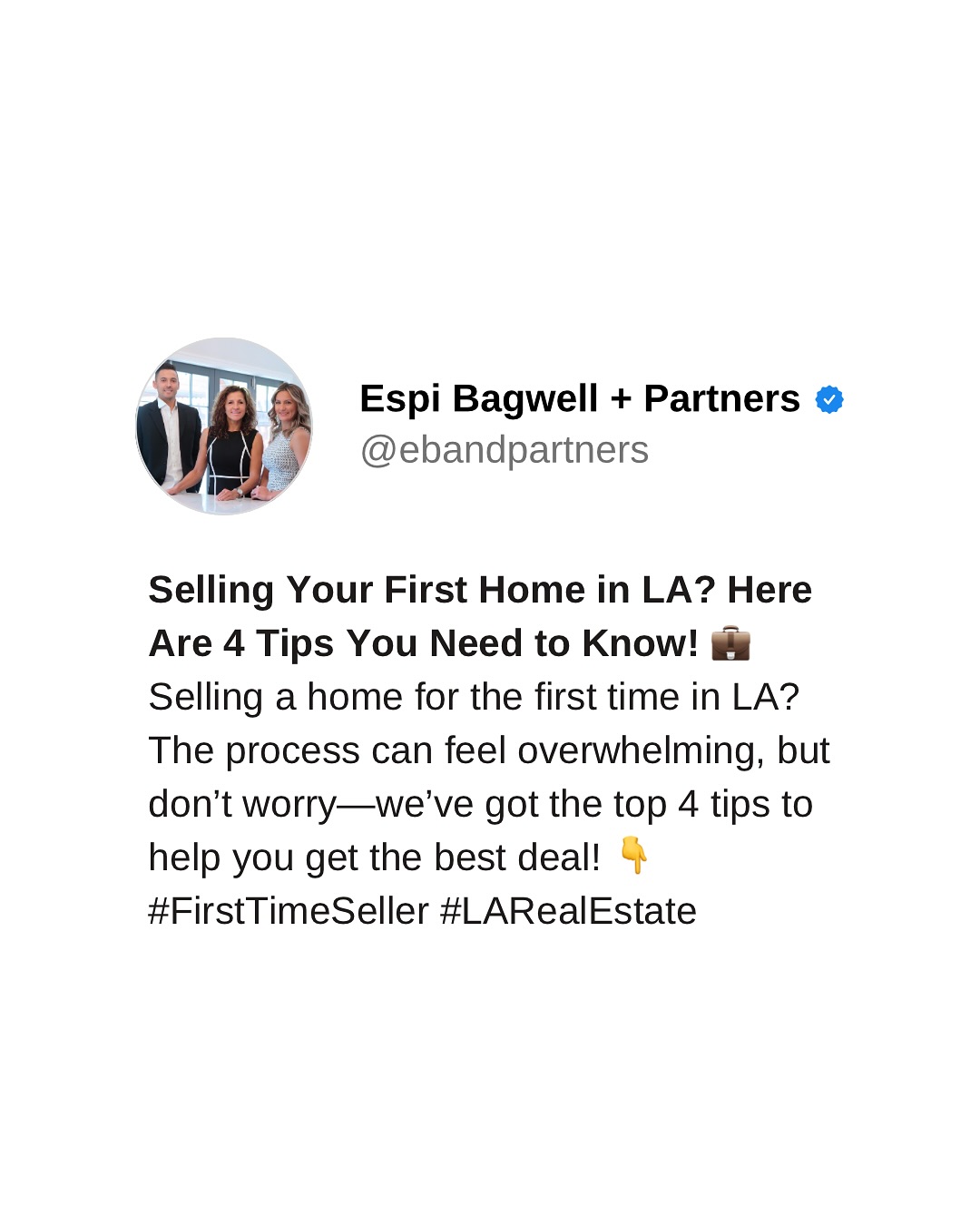 💡 Selling your first home in LA? Don’t stress—we’ve got the top 4 tips to help you nail the process and get the best deal! From pricing your home right to staging like a pro, these insider tips will set you up for success. Ready to take the leap? DM or give us a call for a free consultation and let’s get your home sold! 💼✨
Espi Bagwell + Partners
Southern California Realtors
Residential | Commercial | Investment Property Management
(626) 824-2267
espi.bagwell@kw.com
DRE#01168881
#monrovia #losangelesrealtor #losangelesrealestate #socalrealtor
#socalrealestate #selling #pasadenarealtor #pasadenarealestate #homesweethome #homesellers #homesellertips #homeselling #sellinghomes #sellingahome #sellingyourhome #realestateinvesting #homeforsale #homesale #explorepasadena #explorela #pasadena #pasadenaluxuryrealestate #losangeles #realestatepasadena #pasadena #ebandpartners #espibagwell #espibagwellandpartners
#luxuryrealestate #luxuryrealtor