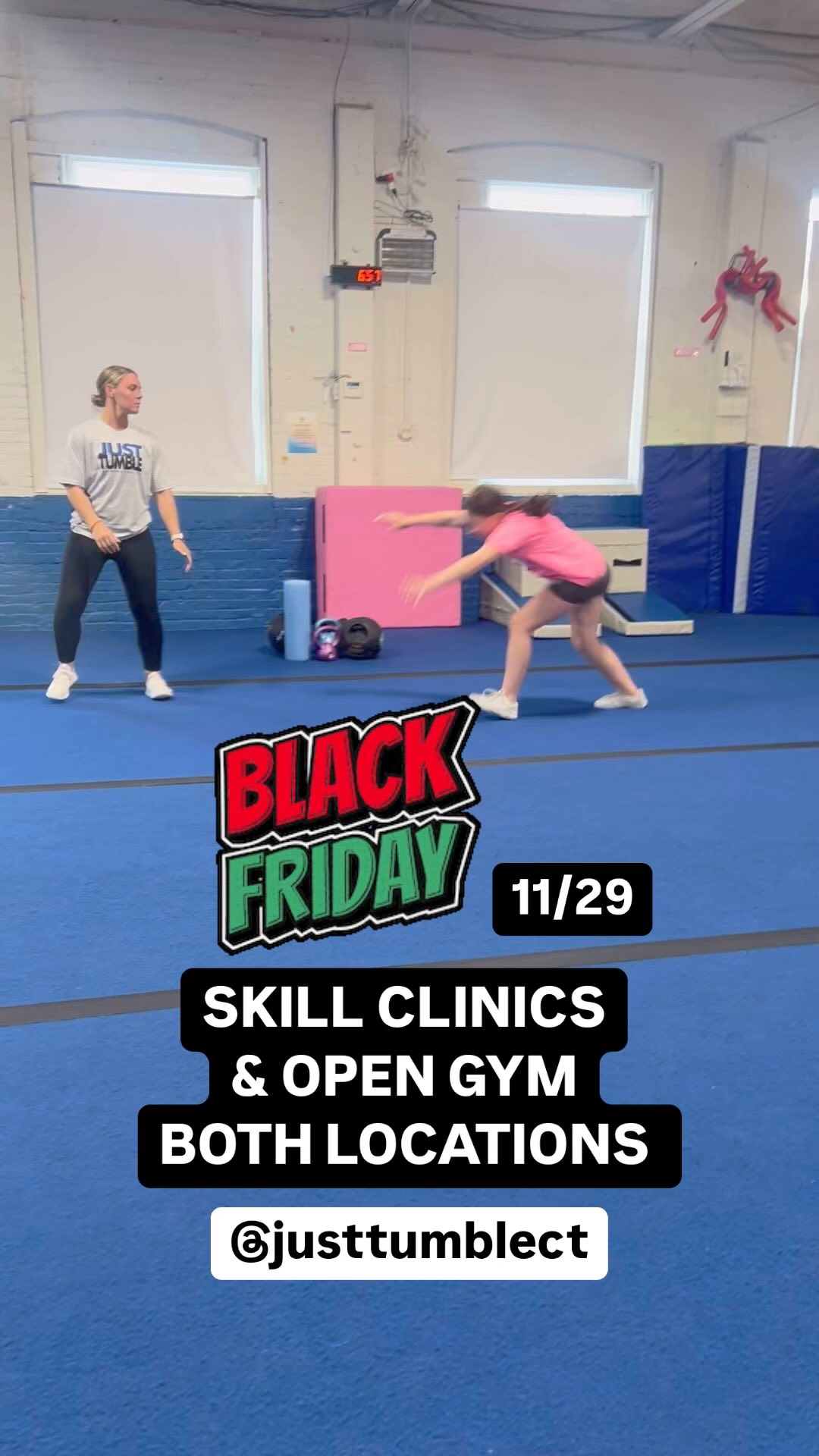Skill Clinics and OPEN GYM on Black Friday, 11/29/24. Register online. Space is limited! #tumble #tumbling #tumblers #gymnastics #cartwheel #roundoff #walkover #backwalkover #frontwalkover #backhandsprings #backtuck #tuck #opengym #practicepracticepractice