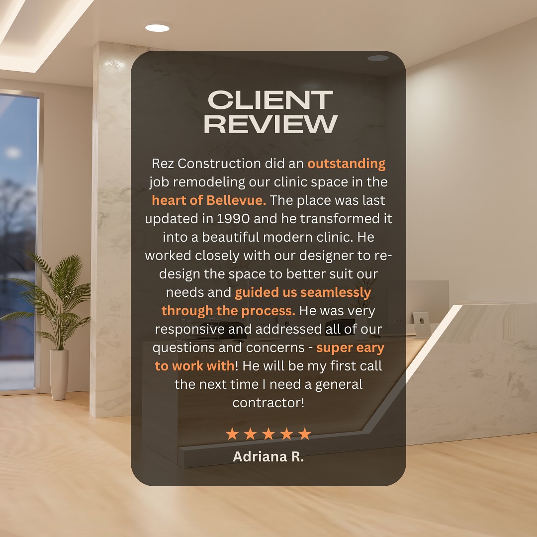 Transforming spaces, exceeding expectations. ๐ขโจ It was an absolute pleasure remodeling this clinic in the heart of Bellevue, turning a 1990s design into a modern, functional masterpiece.
Big thanks to our wonderful client for this thoughtful review!
Your trust and kind words inspire us to keep delivering excellence. ๐ผ๐จ #generalcontractor