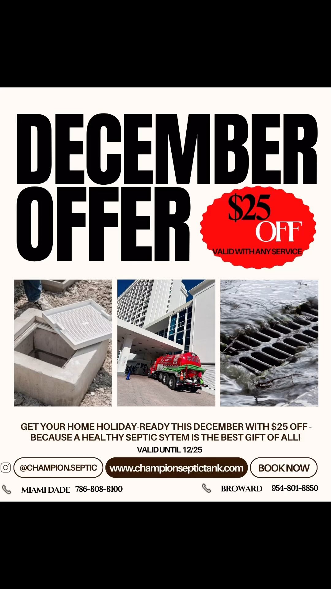 ? The holidays are here, and so is your chance to save! Grab $25 off any service this December and give your septic system the gift of care. Don’t miss out!
• Visit our website or Call Us for more information!
#championseptictank #greasetrap #septictank #champion #seasonal #december #special #booknow