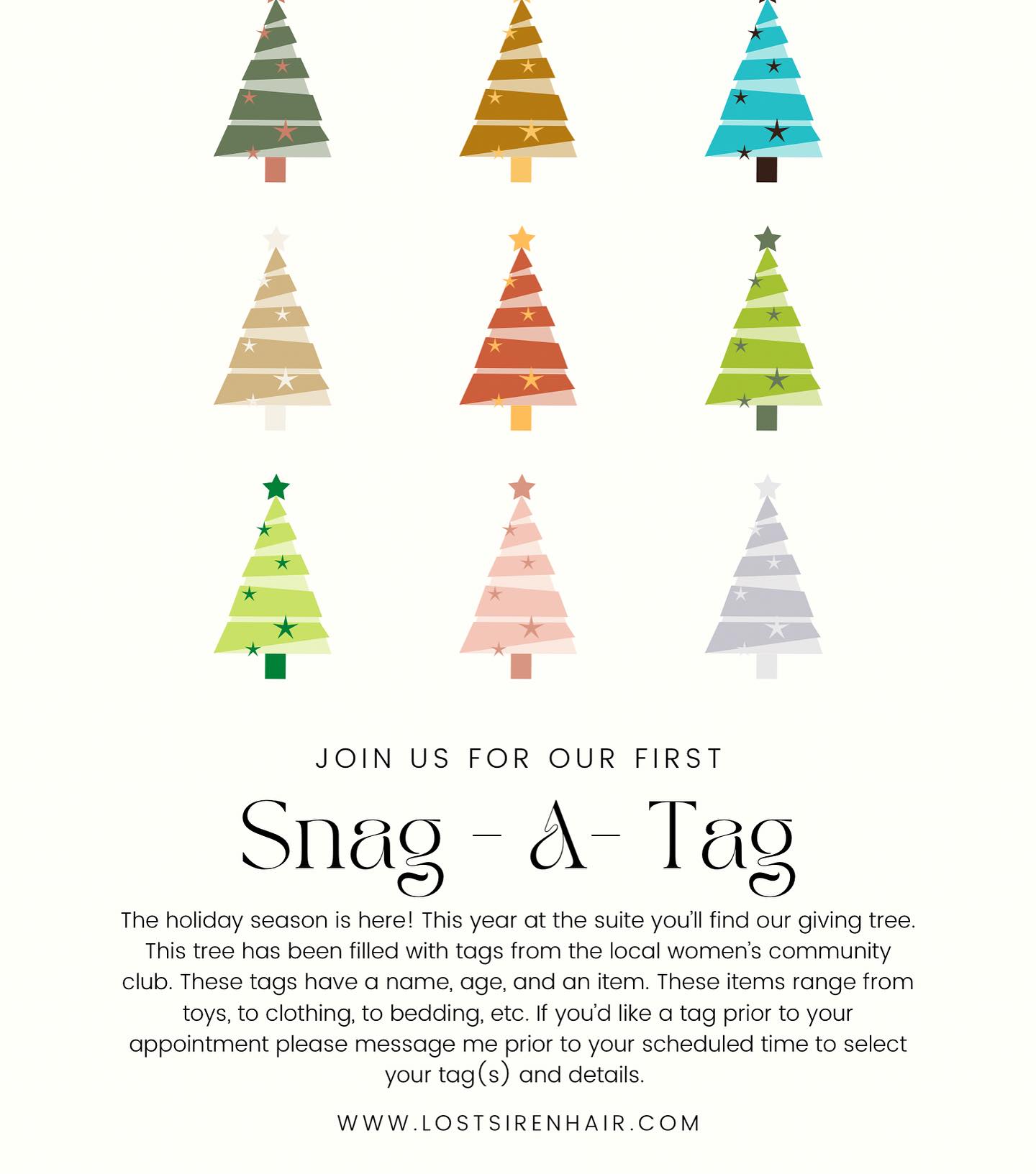 This year I wanted to share the holiday cheer a little differently. I see these trees at the local in town businesses. And thankfully reached out at the right time to be apart of the giving trees!
These tags range from all different ages and all different items. And they help out families within the community.
So if you’d like to Snag a Tag before your appointment, message me for details!
#lostsirenhair #lostsirenhairstudio #holidayseason #givingtree #snagatag #giveback #nhhairvibes