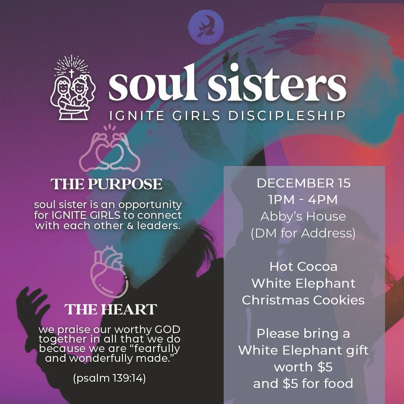 SOUL SISTER SUNDAY
The ladies had a wonderful Sunday filled with fellowship and fun. We had a small white elephant gift giveaway, watched the Nativity movie, decorated cookies, and listened to a devotional by Abby’s mom Christine!
Celebrating Jesus’ birth together is such a blessing, and we are grateful for the time we were able to share this Christmas season!