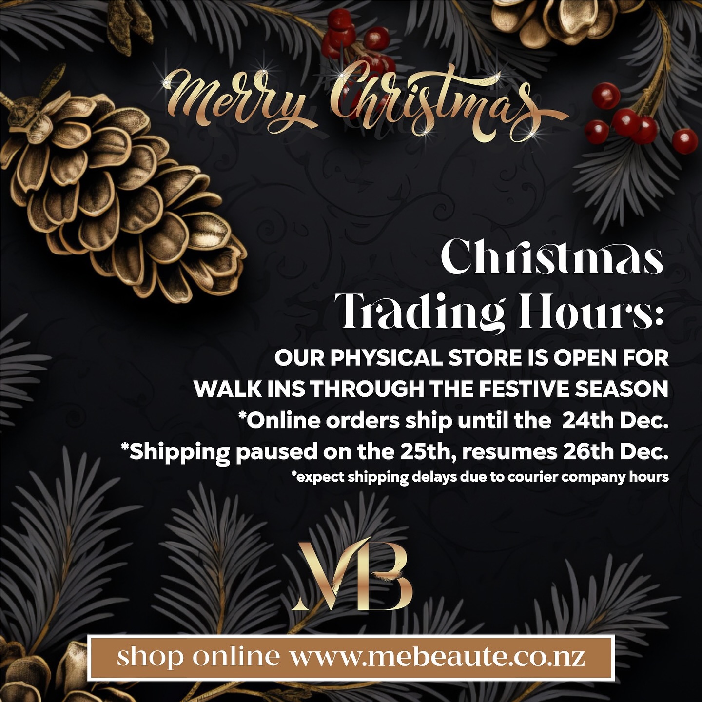 It’s the most wonderful (and busy!) time of the year! Here’s what you need to know about our holiday trading hours:
📦 Shipping Orders:
We’re shipping online order right up until 24th December to make sure you get your goodies!
However, due to the holiday rush and courier company hours, some delays may occur – we thank you for your patience.
Physical store:
Our store will remain open for walk-in shoppers if you need some last-minute supplies!
Thank you for choosing to support us this year. From all of us at Me Beaute, we wish you a Merry Christmas and a sparkling New Year!