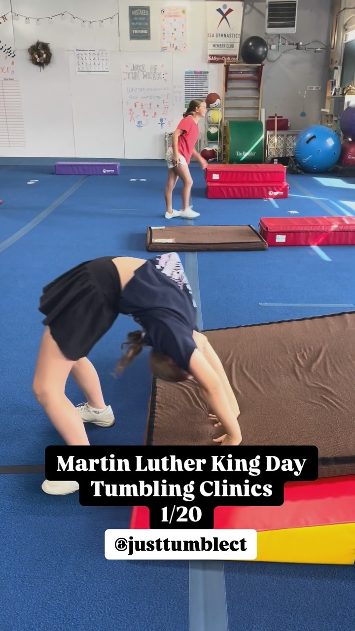 Tumbling Clinics on Martin Luther King Day, Mon. 1/20 at both locations. Achieve and Perfect your skills with the best instructors! Sign up online. Space is very limited to provide individual attention. Look for Clinics and Open Gym on upcoming days off from school. #tumble #tumbling #justtumblect #gymnastics #tumblers #cheer #cheerleading #dance #dancers #summercamps #summercamp #backhandspring #backwalkover #frontwalkover #handstand #cartwheel