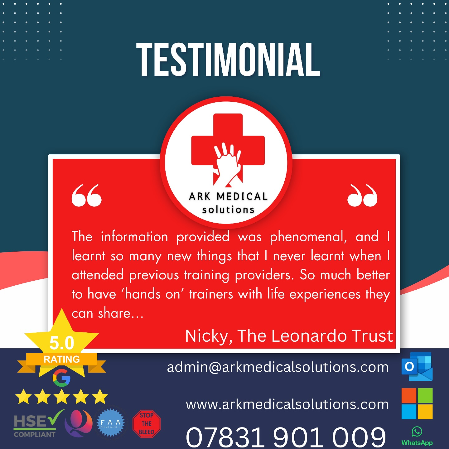 Choose Ark Medical for your next course like Nicky did yesterday, and get trained by Paramedics and serving 999 personnel who do the job they teach.
We are so proud of this feedback we had to share it for epitomising exactly what we set out to do. Deliver exceptional courses by those that do the job, not just another instructor.
Contact us today for individual, organisational or corporate bookings.
www.arkmedicalsolutions.com
#dorset #bournemouth #firstaid #firstaidcourse #firstaidcoursedorset #beprepared
