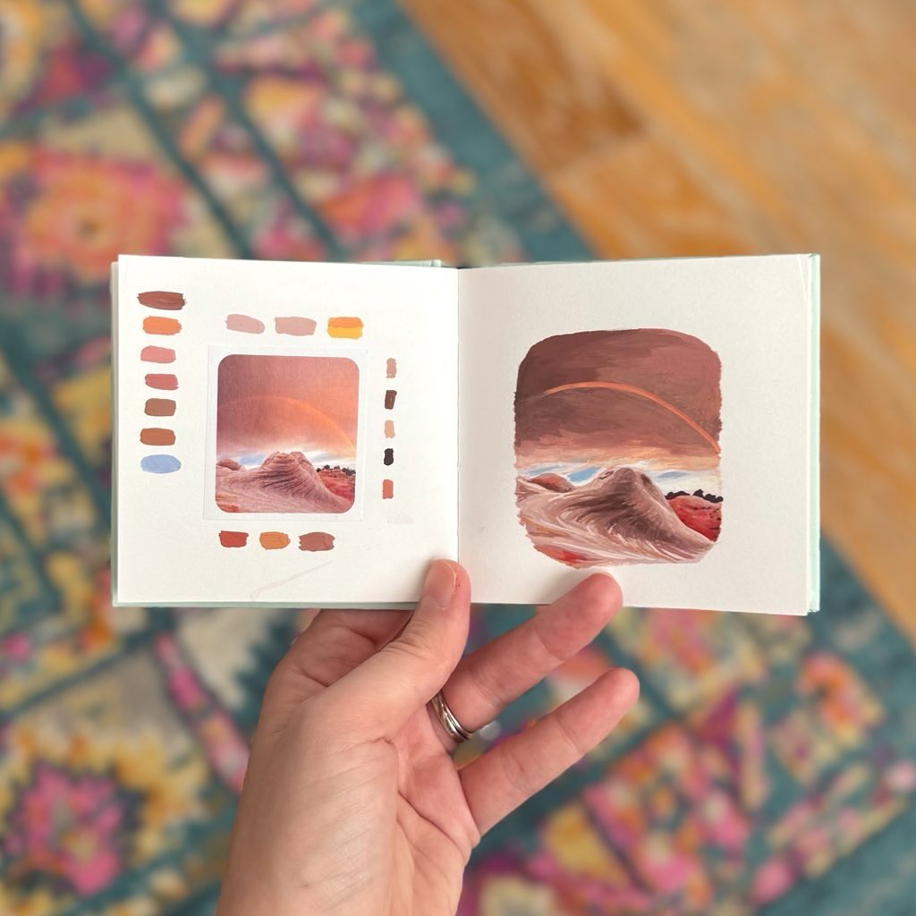 This one kicked. my. butt. The texture of the canyon and the smoothness of the clouds(sand?) was tough to replicate.
My goal with these paintings isn’t to recreate perfectly; it’s to learn the medium and gain confidence in my colors. #gouachepractice
