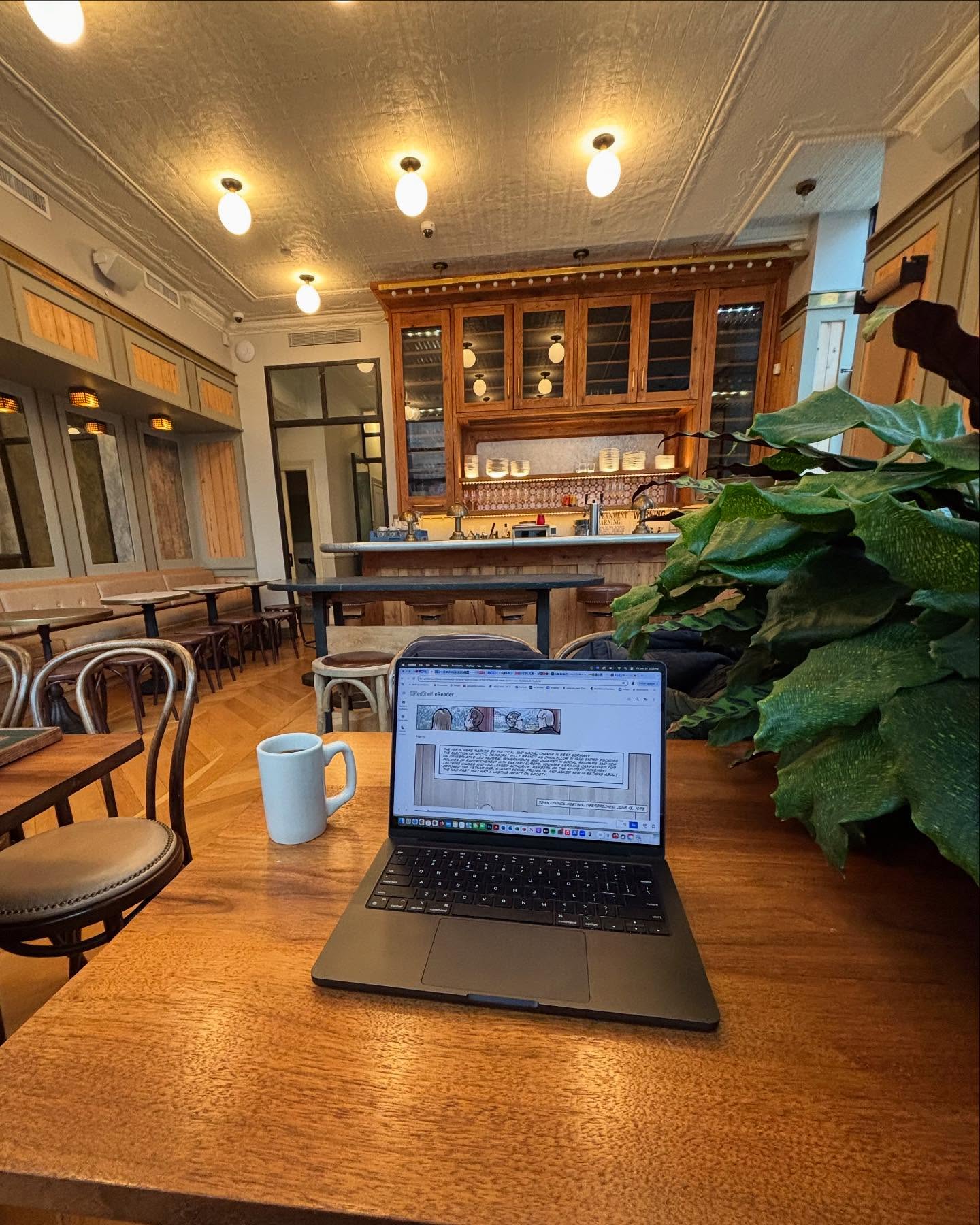 Today was the last day of my residency at @woodwardresidency. It is such a wonderful space to work and I’m already nostalgic for my daily interactions with its community. I’m especially grateful to Kermit, Azadeh and Georgette for everything they do to keep it going.
Slides 1-2: interiors of wine bar and great room spaces.
Slides 3-4: Photos by @ahwestergaard of my presentation at the most recent community work share.
Slides 5-6: community library and oh, all the coffee!