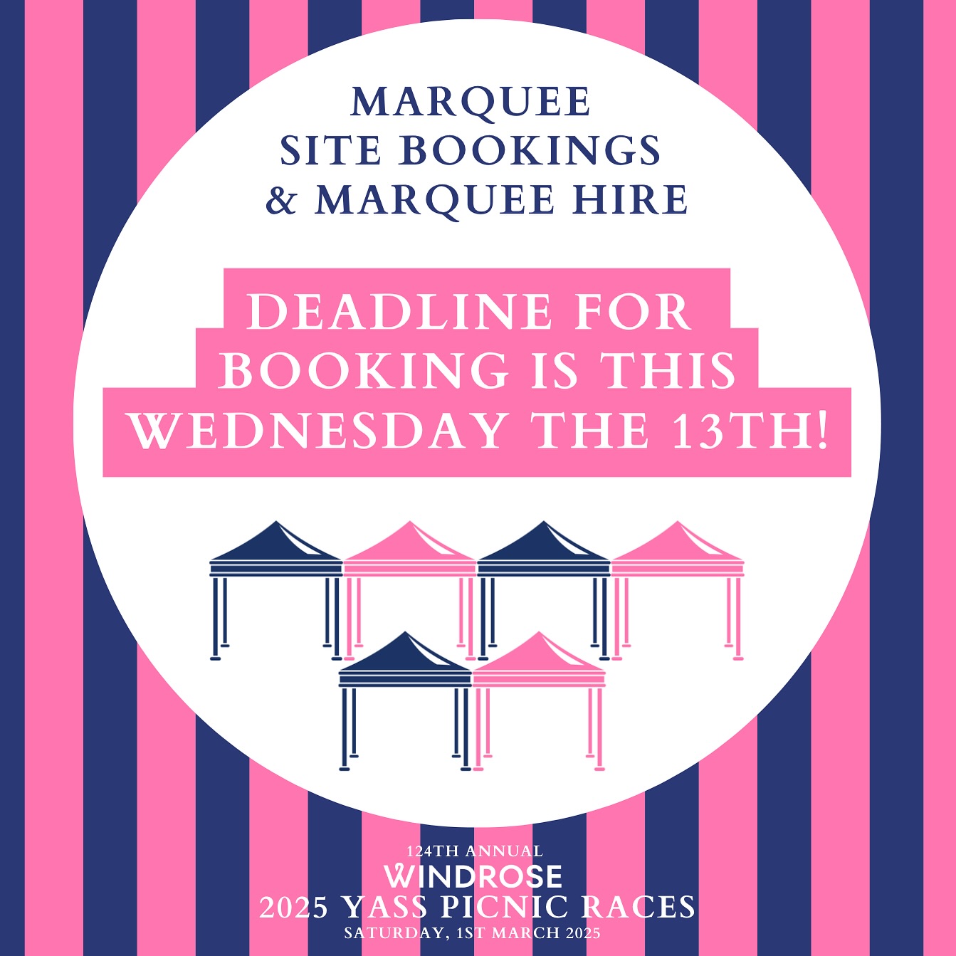 ⏳ Tickity Tock, Racegoers – Marquee Bookings CLOSE Wednesday! 🎪
If you’re planning on booking a marquee site or hiring a marquee, this is your FINAL CALL! Bookings close this Wednesday, 13th Feb, and once they’re gone, they’re GONE!
We still have prime spots down the straight waiting for you and your crew! Secure a 3x3m site, or go bigger with two sites and hire a 3x3m or 6x3m marquee. Add chairs and tables, bring your food & eskies, and enjoy the best day at the races – hassle-free!
🚨 No last-minute regrets – book NOW, lock in your setup, and just turn up ready for a cracking day! 🚨
Jump online and secure your spot before it’s too late! 👉 www.yasspicnicraces.com.au
——
#WindroseYassPicnicRaces #TickityTockBookNow #MarqueeBookings #RaceDayReady #FinalCall #YassPicnicRaces2025