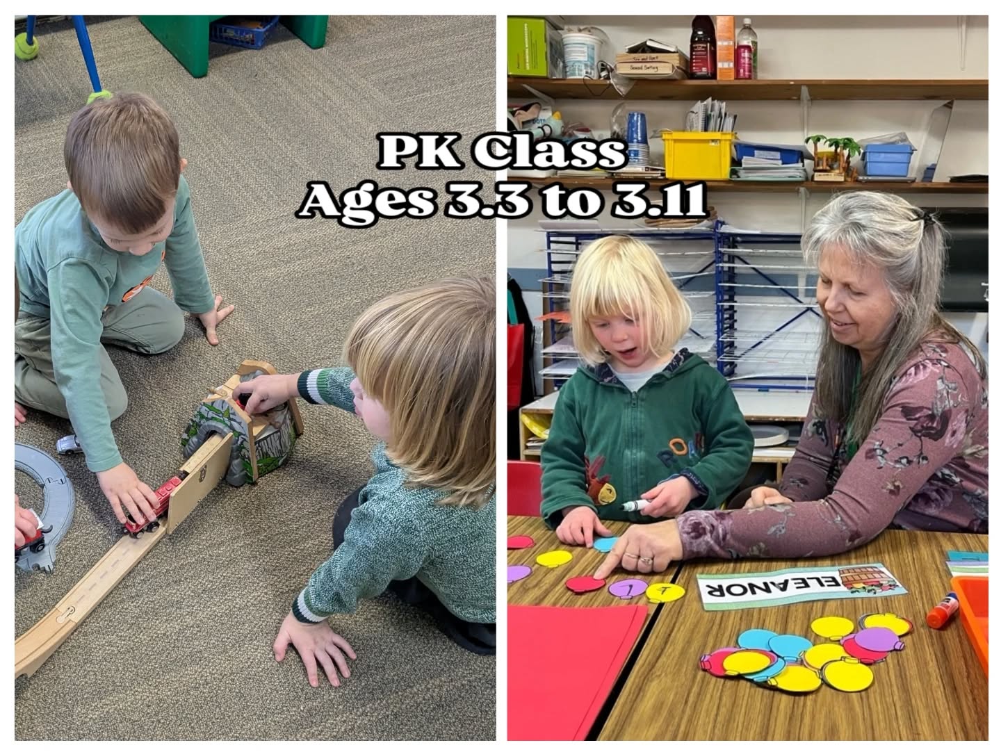 Our PK Class is our middle age class designed for older 3 year olds who are ready for more exposure to academics but still rely on learning through play! #playbasedlearning #veritasatelmwood