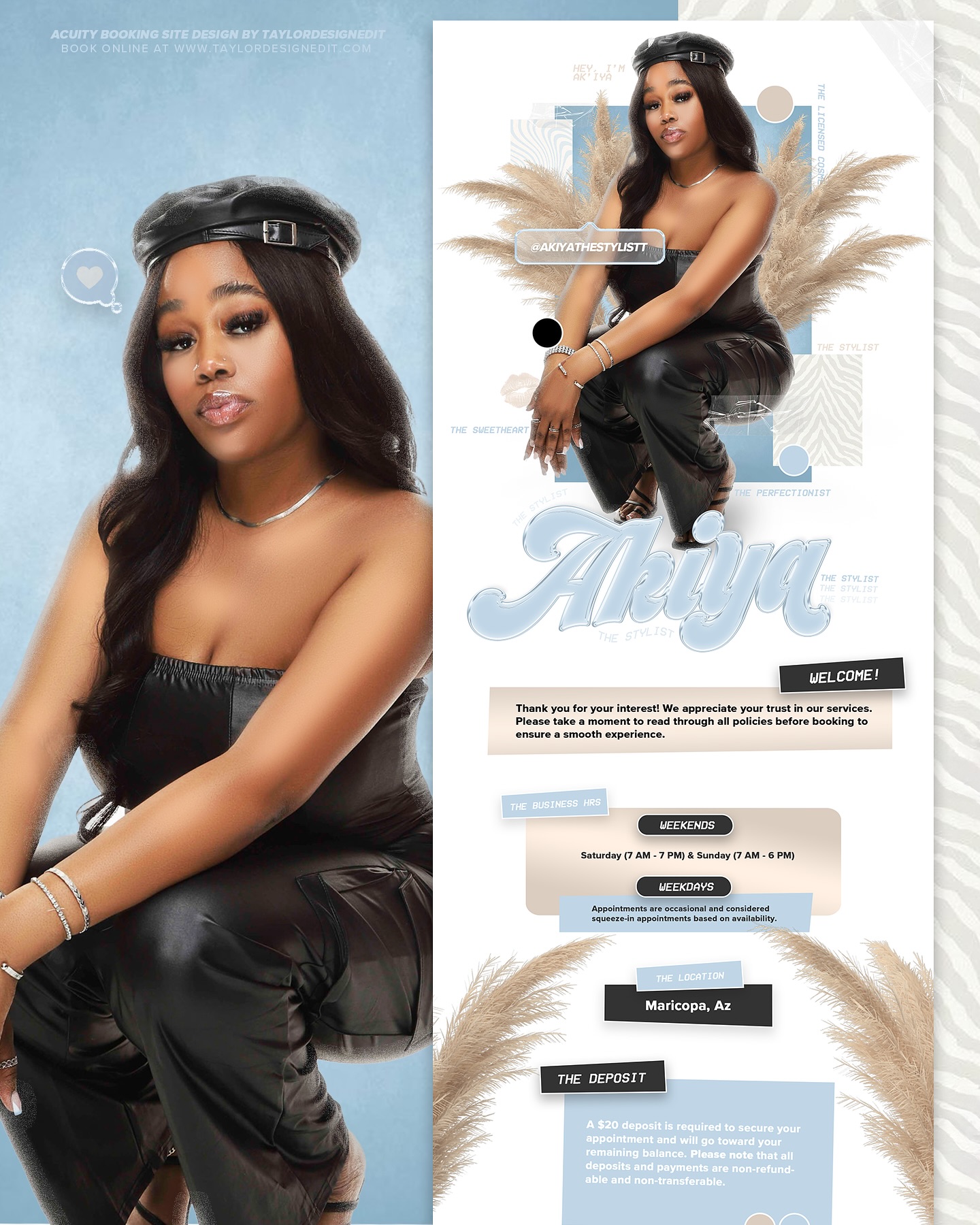 acuity booking site design | akiyathestylist ♡⸝⸝ ✦
absolutely obsessed. this project doesn’t need a caption. i love it, my client loves it, what more needs to be said???
i wanna hear y’all think in the comments! 🤭🎀
bookings are open - we’re currently accepting clients! visit our website for more details on how to work with us, or follow the steps below:
❤︎ interested in working together? ↴
• click web link in bio
• click “work with me” option
• review our services, requirements + all policies
• prepare all the necessary details for service(s)
• book a service :)
message me for any questions!
-
💌 ; info@taylordesignedit.com
🔗 ; www.taylordesignedit.com
follow @taylordesignedit for more content & projects like this!