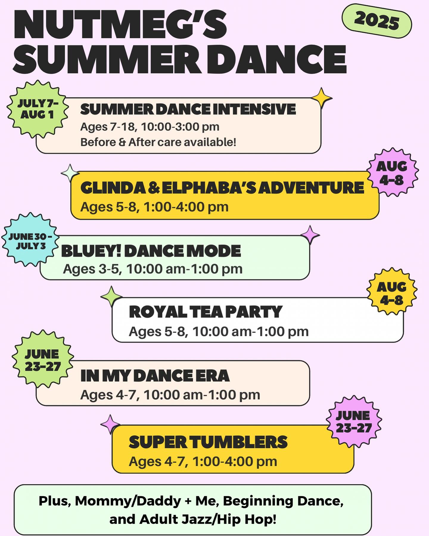 Have you saved your spot for Summer yet?! We have so many exciting offerings (and they’re filling fast!) Head to our site to register and read program descriptions: www.NutmegsDance.com ?
? Calling all Descendants fans! Our Summer Intensive will be presenting an outdoor dinner theater show set to the music from Descendants! ?? (and don’t forget - before and/or after care is available for this program!)
We are so excited for Summer ‘25 - it’s going to be the best one yet! ☀️
Register now: www.ClassBug.com/Businesses/1711
