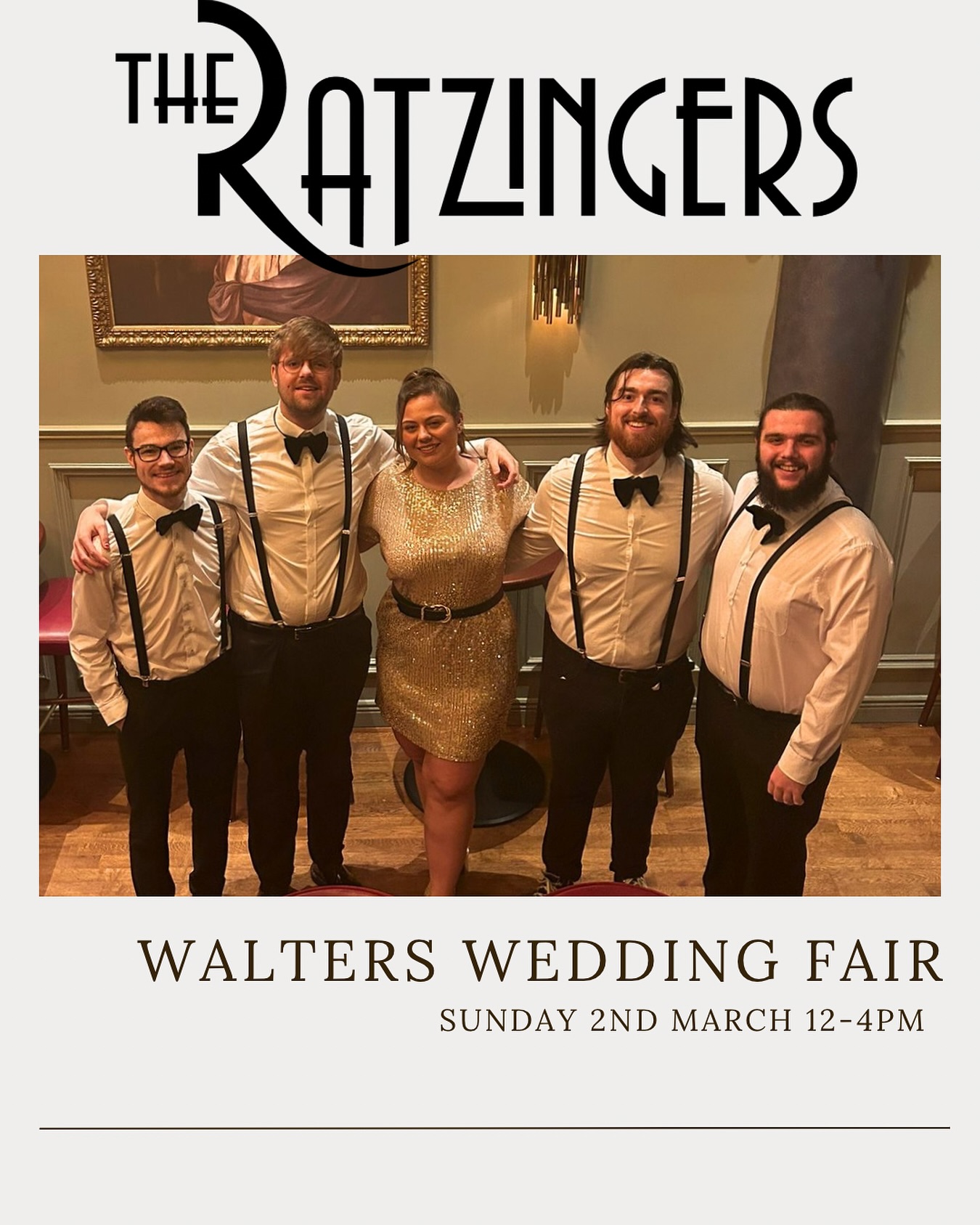 Join us on Sunday 2nd March at the @waltersdunlaoghaire wedding fair!! We have 4 live spots throughout the afternoon, and will be on hand to chat to you all about all things wedding bands!!! We’l be in great company, with other live performances by @katedonohoemusic @weddingsbysoozie @stringsattachedguitarduo and @theswingbeatsband - as well as vendors on hand @wildvibes.ie @boldeyebeauty @amazing_cakes_bray @anniekheffache @sineadstyles @lulabelle.ie