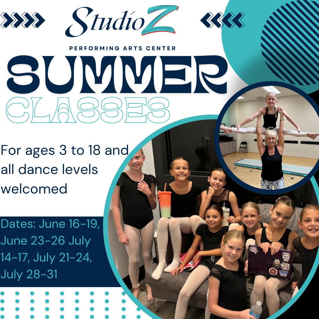 Save the Date! Join us for Summer Classes at Studio Z! We offer dance classes for ages 3 to 18, welcoming all skill levels. Save the date for our exciting sessions: June 16-19, June 23-26, July 14-17, July 21-24, and July 28-31. Don't miss this chance to dance and grow with us! More information to come soon!
#SummerDance #StudioZ #DanceClasses #KidsDance #TeenDance #DanceEducation #DanceLife #SummerFun #DanceCommunity #LearnToDance