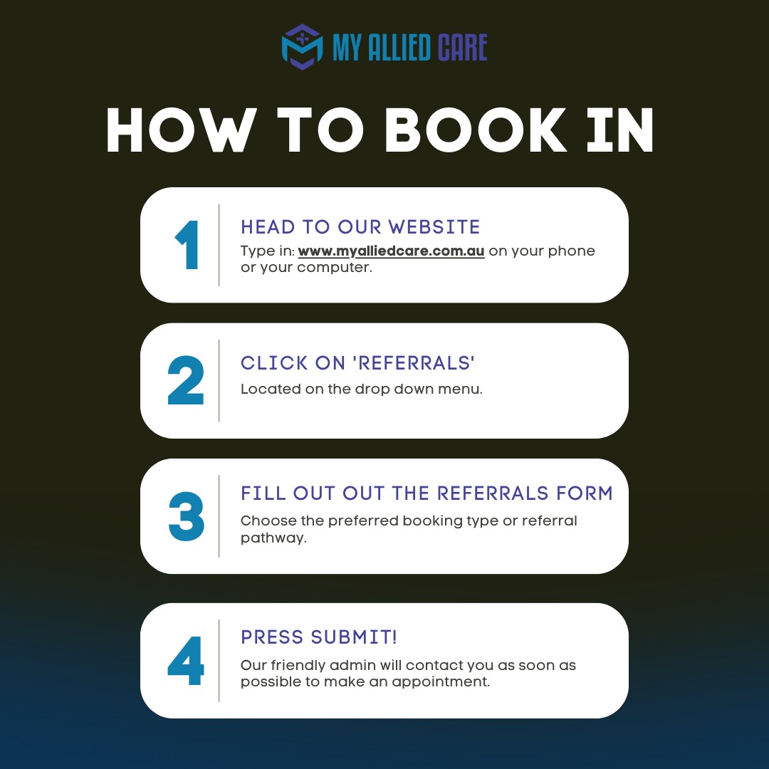 Need expert podiatry or physiotherapy care? Booking an appointment with My Allied Care is easy! โ
๐ก
Follow these 4 simple steps to get started:
1๏ธโฃ Head to our website ๐ www.myalliedcare.com.au
2๏ธโฃ Click on โReferralsโ in the dropdown menu
3๏ธโฃ Fill out the referral form & choose your preferred booking type
4๏ธโฃ Press submit! Our friendly admin team will contact you ASAP to confirm your appointment
Weโre here to make healthcare accessible, convenient, and stress-free! ๐โจ
๐ฒ Book now & let us bring quality care to your doorstep!
โ
๐ป ๐๐๐๐ ๐ ๐๐๐๐๐๐๐/๐๐๐
๐๐๐๐๐ โก๏ธ www.myalliedcare.com.au
๐ (02) 9199 5548
โ
#NDIS #NDISProvider #MyAlliedCare #Podiatry #Physiotherapy #DisabilitySupport #NDISAustralia #AlliedHealth