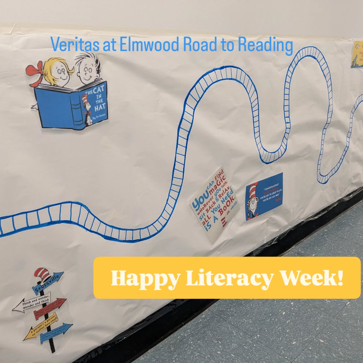 Our school-wide Road to Reading Map is up and ready to record the books we read this week as part of #literacyweek! #preschoolactivities #welovebooks #veritasatelmwood