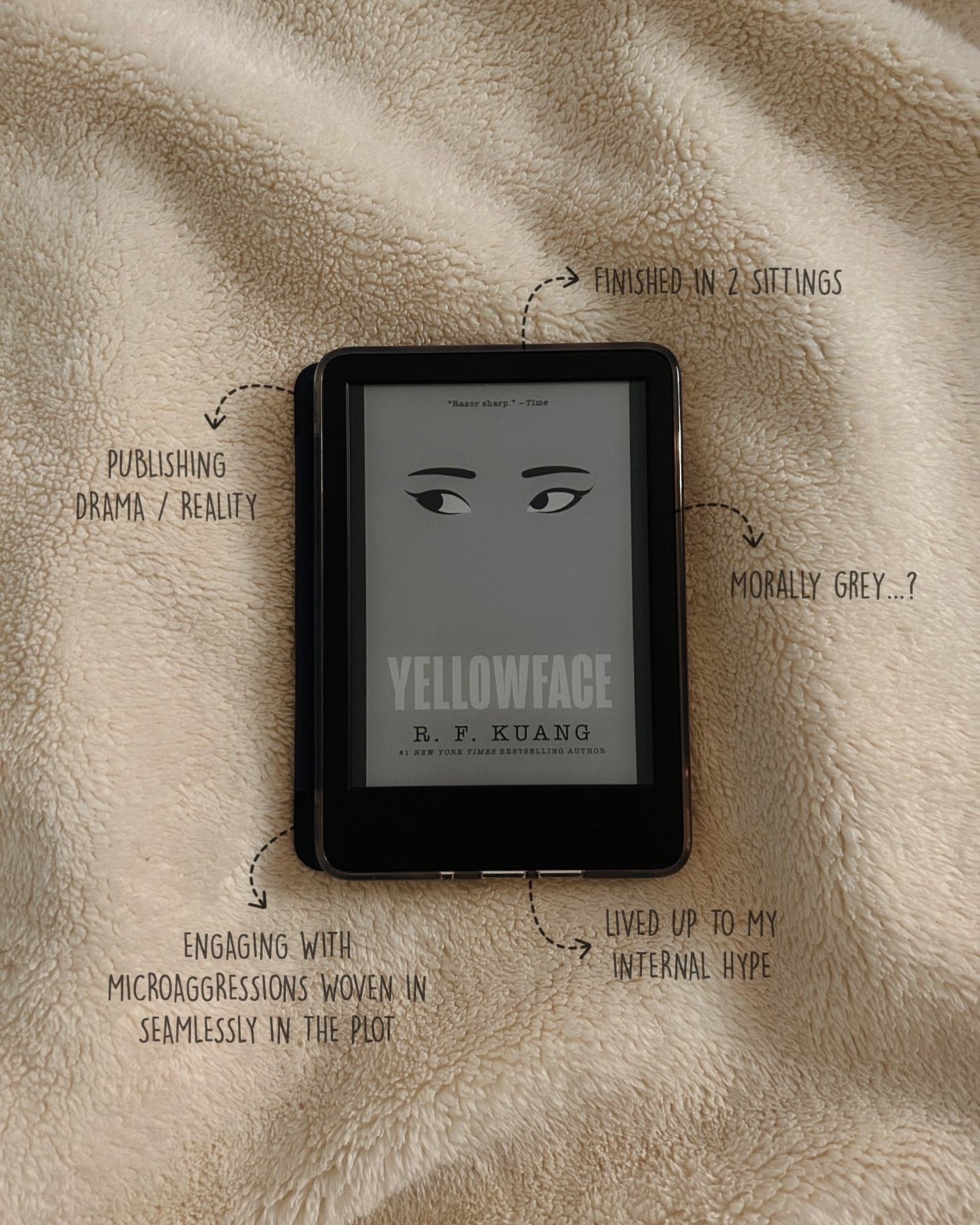 thoughts on Yellowface by R.F. Kuang (spoiler-free) 📖✏️ — #bookreview #altheasreviews
All the characters were so annoying, and I loved this book. She WROTE. She ate. She delivered.
This sparked a lot of discussions in the publishing industry as a whole — 4.5
One of the critiques for R.F. Kuang is that her characters don’t exactly get a lot of character development and there were instances I used to agree with that while reading Poppy War but… after reading this book…. I have concluded that not all stories need to have character development for a story to be well-written
The commentary on author censorship and erasure in asian-authored books together with all the nuance that comes with it was so brilliantly written
Inherently bad deeds were done by the main character and although I do not think the end justifies the means, there were so many points made I couldn’t help agreeing to
The characters were annoyingly engaging even though they were so chaotic, I was invested and laughed out loud at the absurdity of it all.
Highly recommended.
(swipe for long version of review ->)
💛🤍