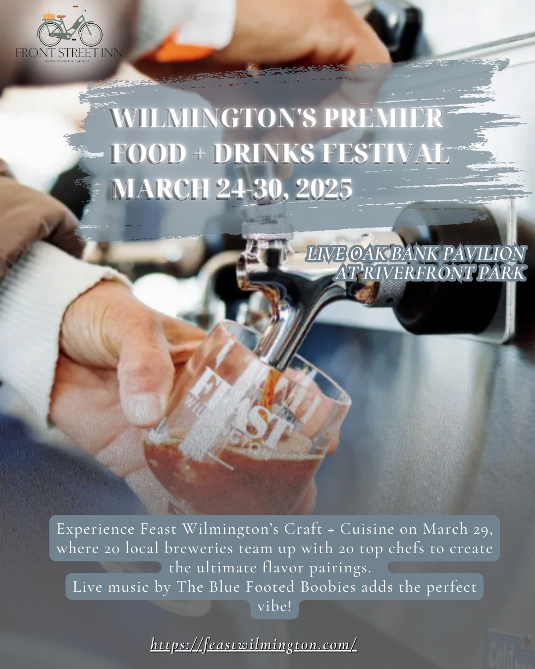 A feast for the senses is coming to Wilmington! Indulge in a one-of-a-kind Craft + Cuisine experience at Feast Wilmington, where 20 top chefs and 20 local breweries come together to serve up unforgettable flavor pairings.
🎶 Enjoy great bites, craft pours, and live music from The Blue Footed Boobies in a lively atmosphere you won’t want to miss!
Make it a true foodie getaway with a stay at Front Street Inn, just minutes from the event! Book your weekend retreat today.
📍 Feast Wilmington – March 29 | 11 AM - 2 PM
📞 Call (910) 762-6442 or visit www.frontstreetinn.com to reserve your stay!
#FeastWilmington #CraftAndCuisine #WilmingtonEats #FrontStreetInn #SipSavorStay #LocalFlavor #FoodAndTravel