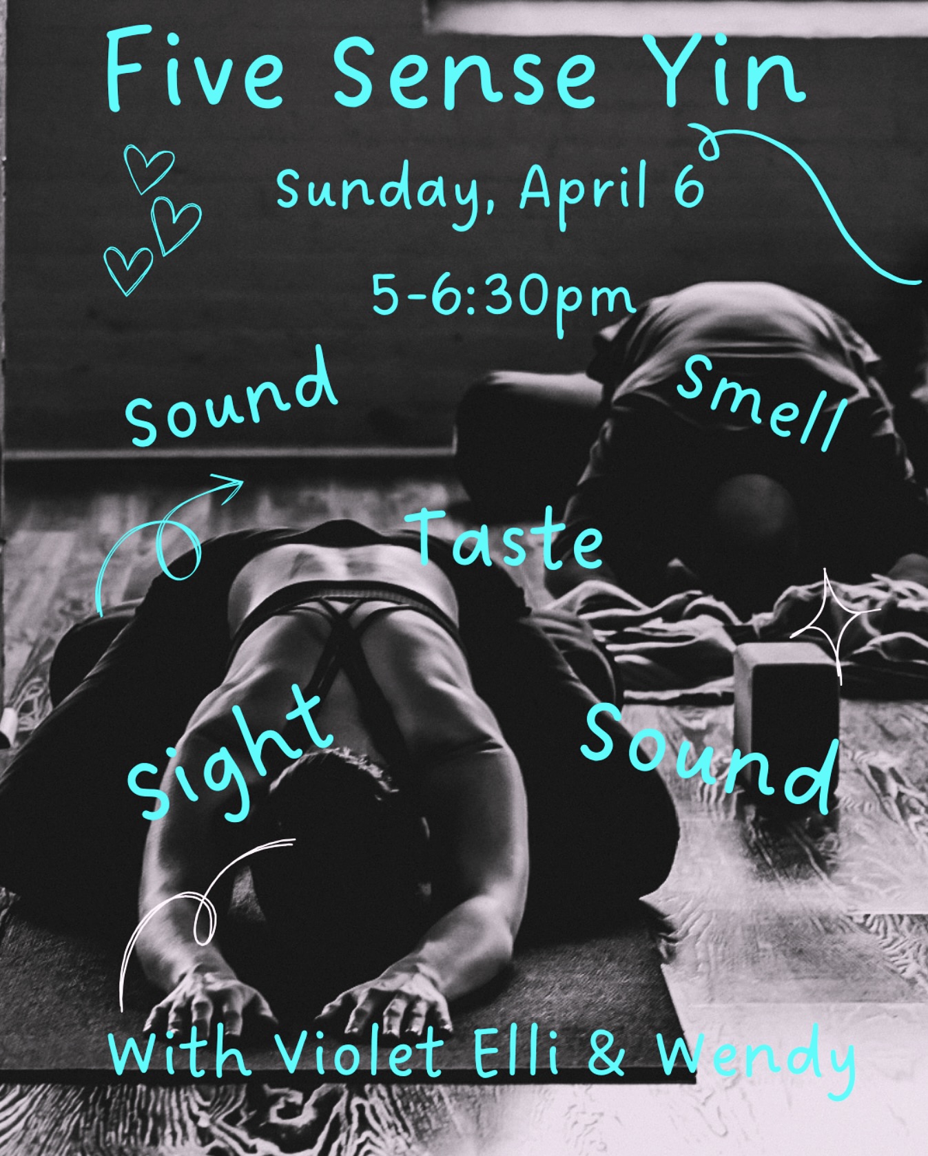 Immerse yourself in a transformative journey that engages every sense in an oasis of healing and tranquility. “Five Senses Yin: A Full-Sensory Journey with Reiki & Sound” with Wendy Chapman & Voilet Elli- on April 6 at 5pm 6:30pm 40$ pp-it is an immersive workshop designed to harmonize your body, mind, and spirit through a series of carefully curated experiences:
**Touch:** Experience the nurturing power of hands-on Reiki as gentle energy work soothes and balances your physical form.
**Taste:** Savor the delicate flavors of lotus tea, thoughtfully selected to enhance your inner calm and promote a sense of well-being.
**Smell:** Breathe in the subtle, healing aromas of essential oils, designed to awaken your olfactory senses and evoke a feeling of serenity.
**Sight:** Bask in the warm, flickering glow of candlelight that sets a peaceful ambiance, inviting introspection and mindfulness.
**Sound:** Let the resonant tones of crystal bowls carry you into a deep state of meditation, their harmonious vibrations guiding you toward inner clarity and relaxation.
This full-sensory experience combines gentle yin yoga with reiki, aromatic therapies, and sound healing to create a sanctuary where every sense is celebrated. Whether you’re a seasoned practitioner or new to sensory healing, this workshop offers a safe space to release tension, cultivate mindfulness, and reconnect with your inner self. Embrace the journey and allow yourself to be enveloped in an environment designed for profound relaxation and holistic well-being. #yin #senses #touch #candel #5senses