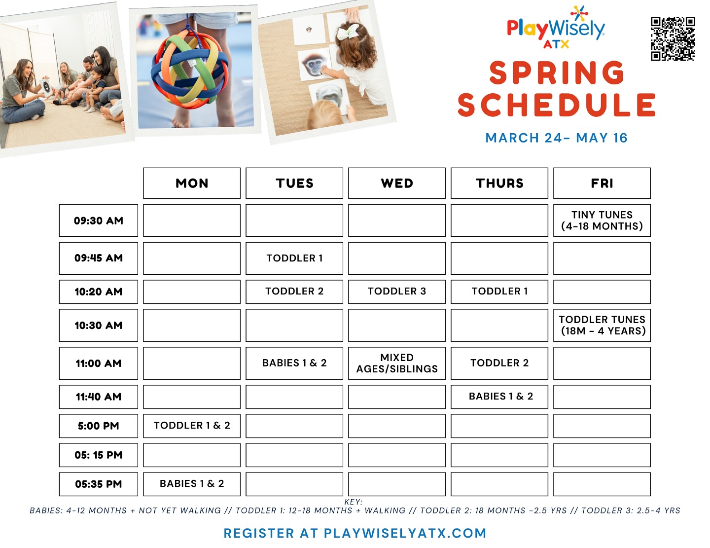 Check out our SPRING class schedule! 🌻🌸🌷We have exciting NEW additions like evening classes on Mondays🌙 and new Music classes on Fridays 🎵!
Register now to secure your spot! Full sessions (recommended) or drop-ins available. Pre-registration required for all classes, we do not accept walk-ins. Reach out with any questions! We’re having a blast PlayingWisely all spring long!
#playwisely #playbasedlearning #playbased #childdevelopment #playwiselyatx #musicclass #austinmusicclass #mommyandme #mommyandmeclass