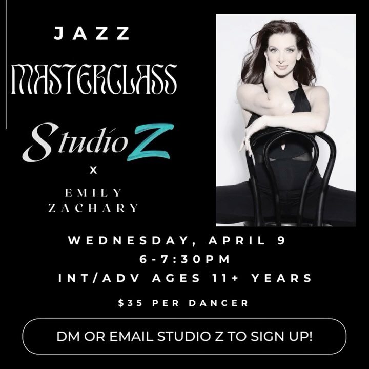 Studio Z is sooooo excited to have Emily Zachary host a Jazz Masterclass!
Here's the details dancers!
Wednesday
April 9th
6-7:30 PM
Intermediate/Advanced Ages 11+
$35/per Dancer
DM or Email Studio Z to Sign Up!
#dance #team #teamwork #spring #summer #fit #wellness #music #goals #brightfuture #happy #friendsandfamily #win #competition #ballet #ballerina #pom #cheer #tap #contemporary #choreography #springtraining #newyear #newseason #PhoenixSuns #NBA #MLB #WNBA #Jazz