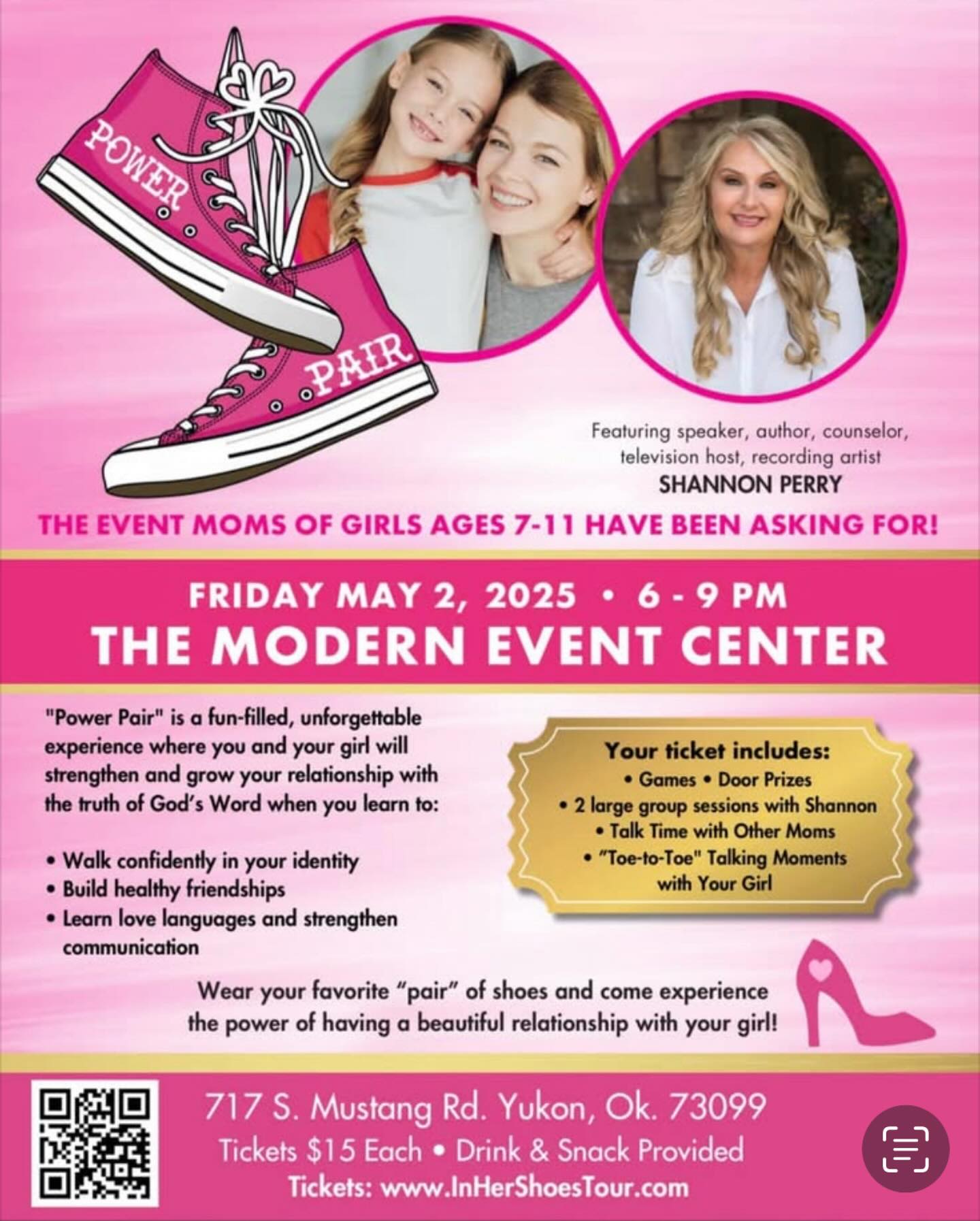 GIRLS AGES 7-11 and MOMS come join us for this fun night together in Oklahoma. Wear your favorite shoes, enjoy snacks, games, skits and two messages from Shannon as you bond more closely with your girl. Register today! Inhershoestour.com #momssupportingmoms #momsofinstagram #momstyle #mom #momboss #mommylife #momblog #mommy #oklahomamom #oklahoma #kansas #arkansas #tennessee #tennesseemom