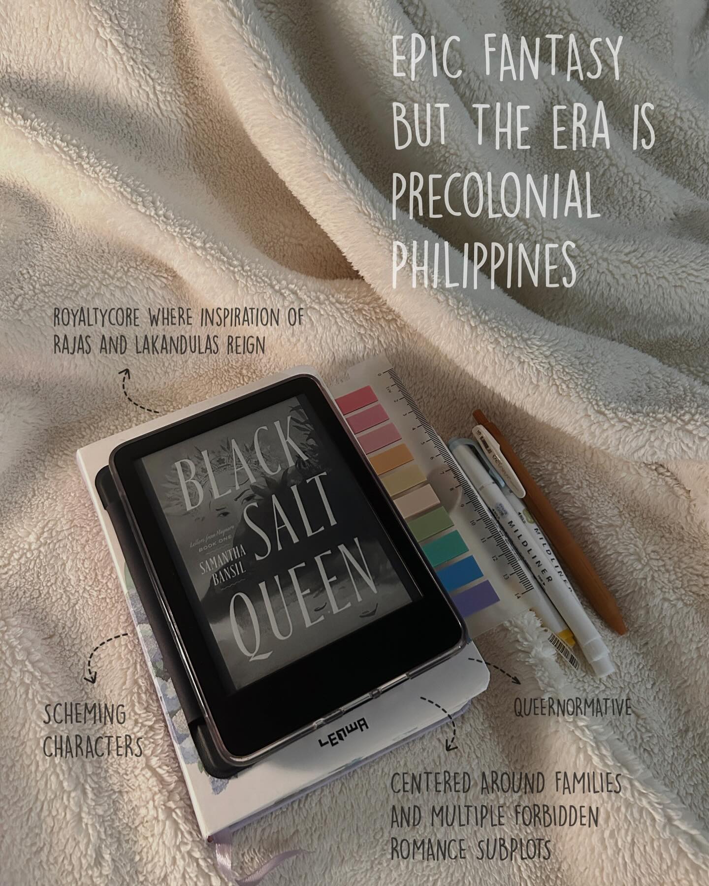 epic fantasy but its pre colonial philippines and matriarchs 😮💨 THIS IS THE POINT OF IT ALL!
i’m currently 40% in and i can tell these characters and this world was written with love for the Filipino culture while still being, through and through, an epic 🥹
— out on June 3 2025 !!!
it’s self aware of cultural traditions without limiting itself and reflects nuanced experiences of various types of women while showcasing men who treat said women like literal goddesses — i could immediately tell from the first few chapters how much research and care was put into this
i’ve been holding myself back from finishing too fast bc royaltycore set in a world with the equivalent of Rajas and Gatdulas / Lakandulas reign… is the reimagination that younger me has been looking for — particularly with a bunch of imperfect characters and a family at its center. it’s also Queernormative 🩵 always refreshing to see in fantasy.
to have something like this in SFF (the genre that makes me feel alive) after years of scouring the genre is truly the moment
a proper review to come when i run out pages~ clearly i am having a good time
bipoc rep in fantasy is rare enough as it is but good philippine pre colonial inspiration / reimagination in epic fantasy??? you have a home with me here
—
i would have posted screaming about this either way but special thanks and love to the publisher @bindery_books @kevintnorman , the author @sam_bansil and, of course @coloredpagesbt for letting me scream a little earlier and collaborating for this post 🤍🤍
**i was sent an ARC by the publisher for review. all thoughts and opinions are my own.
# tbr bookshelf book recs fantasy books