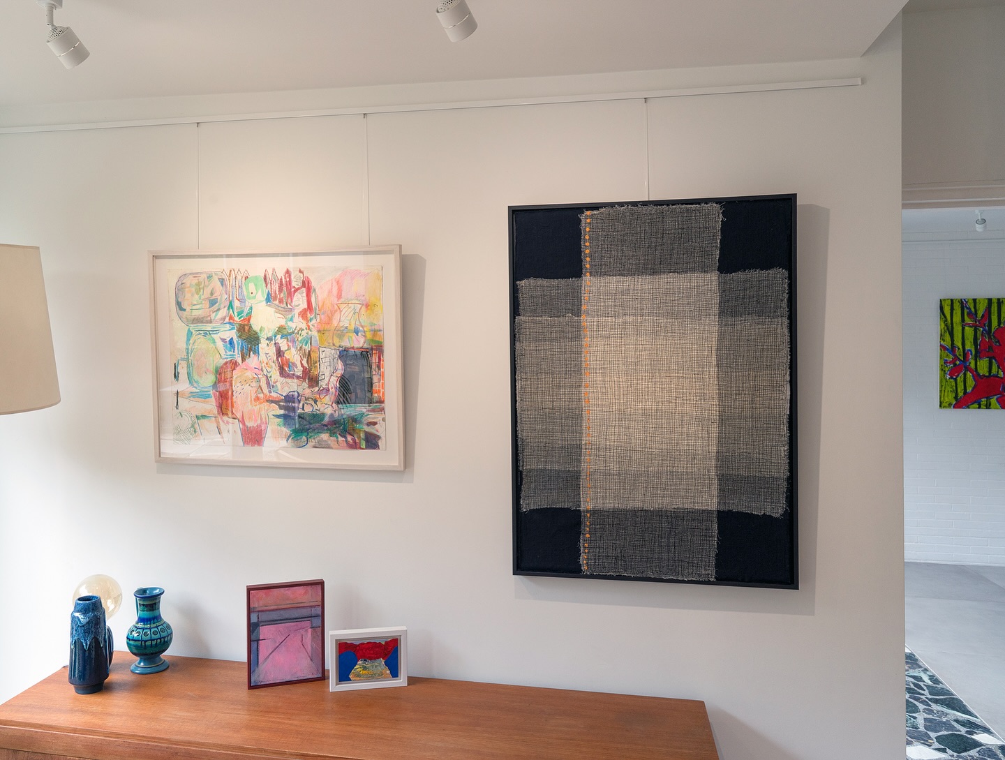 Always nice to rehang after a show and find some new relationships between existing work. The wonderful drawing top left on the first image is by @markfmcgreevy who has a show opening at @ulsterpresents this Thursday night 🤩
.
#homegallery #midcenturymodern #larochebelfast #artgallery #contemporaryart #painting