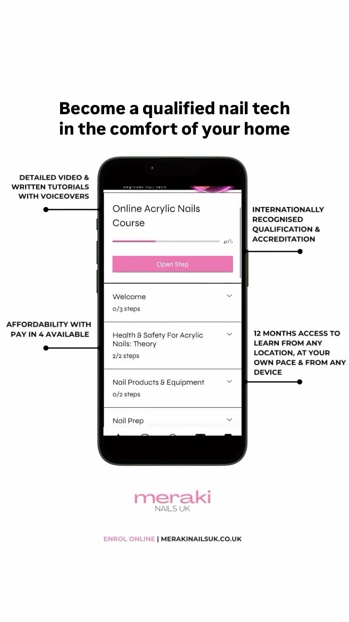 Become a qualified nail tech in the comfort of your home with the online acrylic nails course at @merakinailsuk ⭐️
✅ Over 10 modules showing you how to do acrylic nails with step-by-step detailed tutorials
✅ Certificate + accreditation for qualification included
upon completion
✅ Pay in 4 instalments with @clearpay_uk or pay in
full for £150
✅ Optional starter nail kits available online
✅ Learn from an experienced nail tech with 7+ years’ experience & a nail business that has served 300+ clients
✅ Unlimited support after training
✅ Learn online at your own pace with pre-recorded videos, minimising the pressure of retaining information in a set time, so that you can take notes and practice around your schedule, from any location and device
✅ Most common & trending nail design tutorials included & updated overtime with 12 months access
If you’re an aspiring or beginner nail tech that doesn’t know where to start, or struggles with acrylic application, liquid to powder ratio, retention techniques, shaping and more, then this course is for you 👇
Follow @merakinailsuk for more
•
Start your nail journey today and find out more info on the website | merakinailsuk.co.uk 🌍
Contact for any enquiries by email, dm or whatsapp 💗
•
#naileducatoruk #onlineacrylicnailscourse #beautycourses #nailcourse #onlinecourse