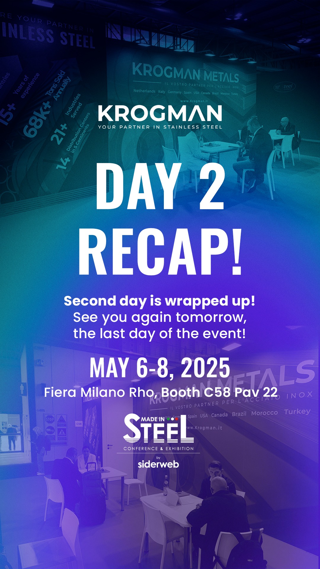 Another successful day for Krogman Metals BV at the Made in Steel - Conference & Exhibition in Milan, Italy!
Thank you to everyone who visited us today — the connections and conversations keep getting better and better! We look forward to closing out the final day strong tomorrow 🙌 Watch the video to see some highlights of Day 2 💯
See you all tomorrow at booth C58, Hall 22!
#MadeInSteel #Italy #Exhibition #Krogman #KrogmanMetals #StainlessSteel