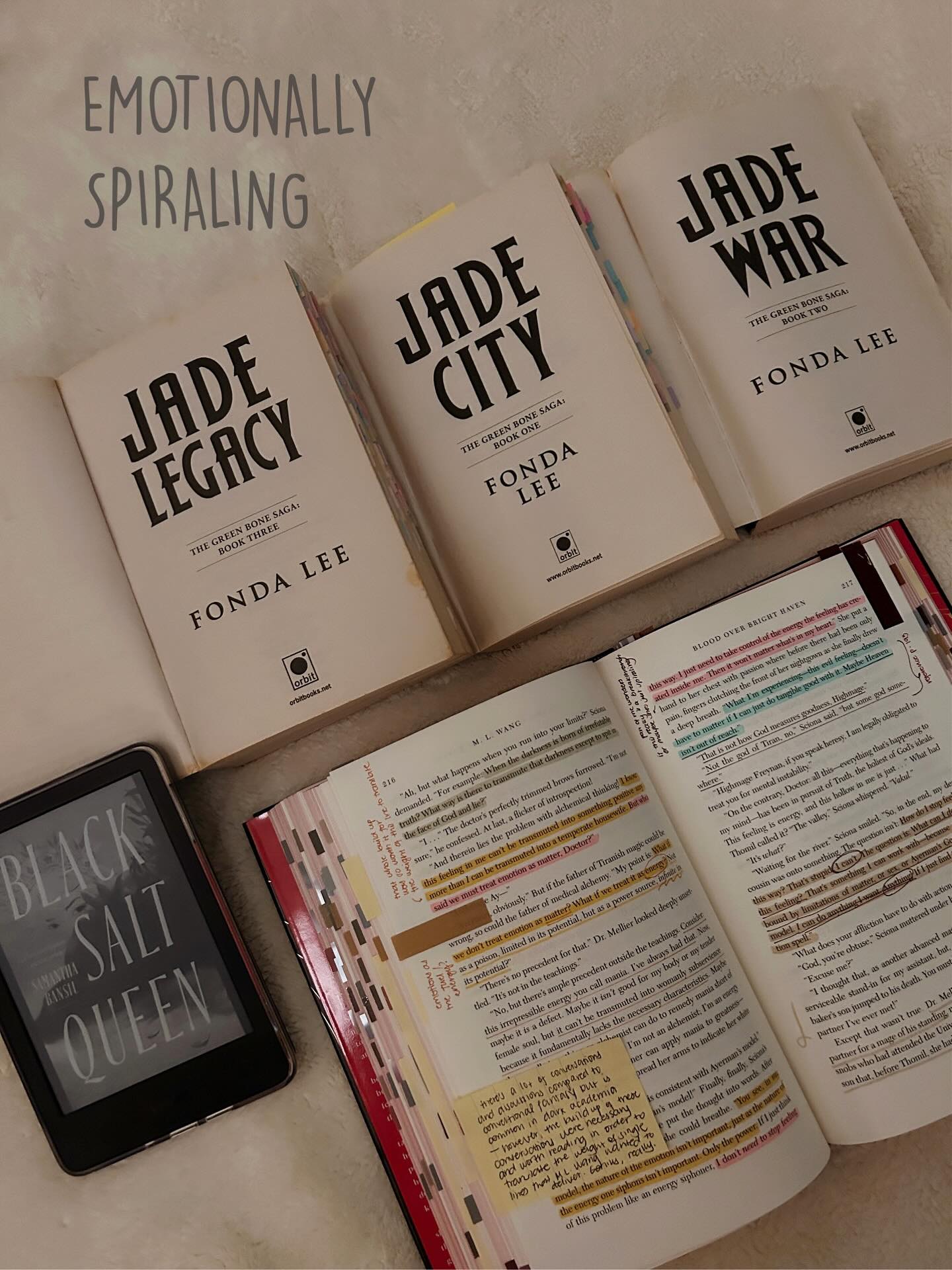 devastatingly beautiful books 💌
between finishing both Blood Over Bright Haven and Black Salt Queen back to back + the release of the redesigned Green Bone Saga paperbacks… i have slowly been spiraling and losing it this past week
i have so many thoughts for BOBH and BSQ that i need to process as i write my reviews but for now, i’m letting life catch up to me and i’ll be basking in the state of mind that comes with having new books to hold close to my heart … and also the relapse that comes with rekindled emotional trauma 😂
will be crying in a hole until further notice *cue breakdown*
i’m fine.
🥲
# tbr bookshelf book recs fantasy books