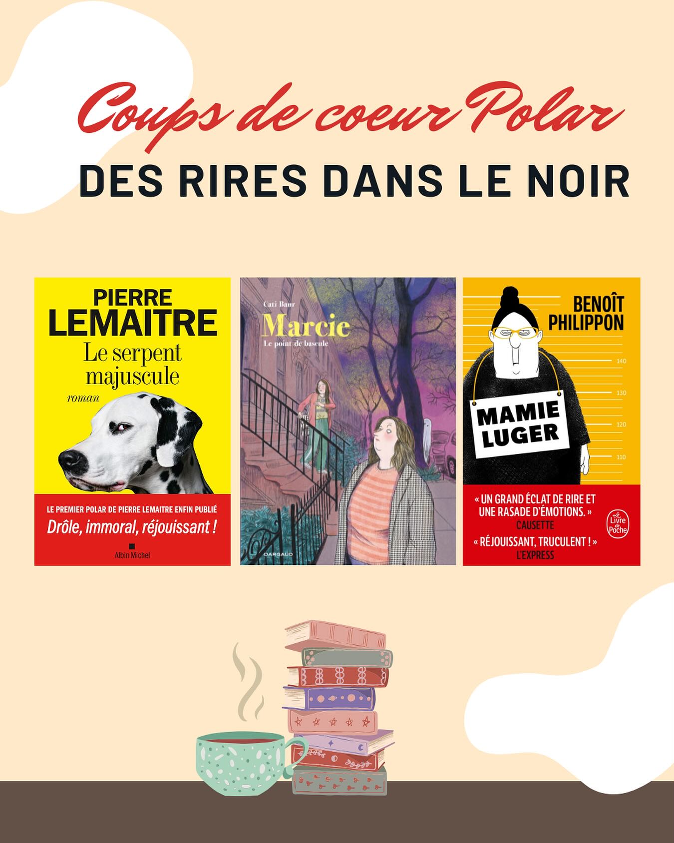 🔎 Avril, le mois du polar, du suspense…
✨ Et de l’humour noir bien placé !
✨ Le mois dernier, j’ai plongé mes Cafés littéraires
✨ Dans des polars grinçants, décapants
✨ Parfois tendres, souvent explosifs !
✨ Parce qu’il est bon de frissonner
✨ Et de rire, voici mes coups de cœur :
📕 Le Serpent Majuscule – @pierrelemaitreauteur
✨ Une tueuse à gages sexagénaire, un humour noir ciselé, une satire sociale mordante. On rit, on grimace, on tourne les pages à toute vitesse. Lemaitre tire à balles réelles… et ça fait du bien.
📙 Marcie, le point de bascule – @catibaur
✨ À l’aube de la cinquantaine, Caroline voit débarquer la périménopause… et une lettre de licenciement. Invisibilisée par la société, elle réalise que sa discrétion peut devenir une force. De Paris à New York, Caroline n’a pas dit son dernier mot ! Caroline devient Marcie. Caroline devient Détective privée !
📗 Mamie Luger – @benoit.philippon
✨ 102 ans, un flingue sous l’oreiller, des secrets dans les murs. Germaine a des choses à dire... Un roman aussi tendre que barré, aussi drôle que dramatique. Mamie fait sauter les clichés (et plus si affinités).
#PolarAddict #HumourNoir #RomansPoliciers #Thrille #LeSerpentMajuscule #MamieLuger #PierreLemaitre #BenoîtPhilippon #LectureDuMois #Bookstagram #suspense