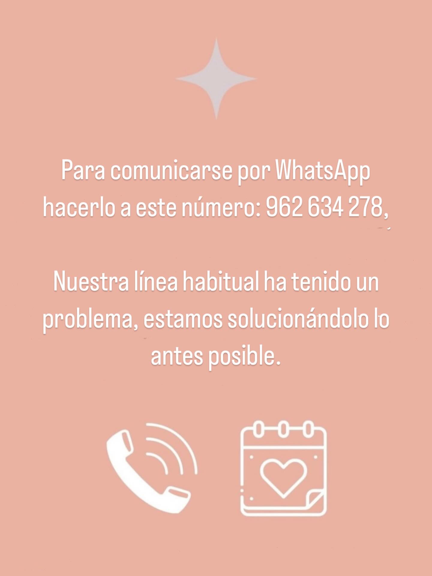 Para comunicarse por WhatsApp hacerlo a este número: 962 634 278,
Nuestra línea habitual ha tenido un problema, estamos solucionándolo lo antes posible.