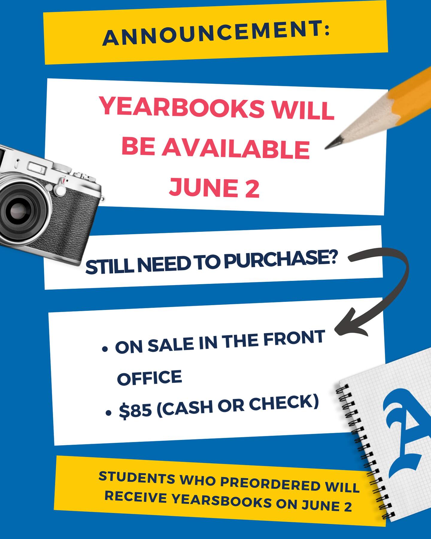 ? YEARBOOKS ARE HERE! ?
Starting Monday, June 2nd, yearbooks will be available for purchase in the front office for $85 (cash or check to St. Anthony).
? Students who preordered a yearbook will receive theirs on June 2nd—get ready to relive all the memories! ?
#sacs
