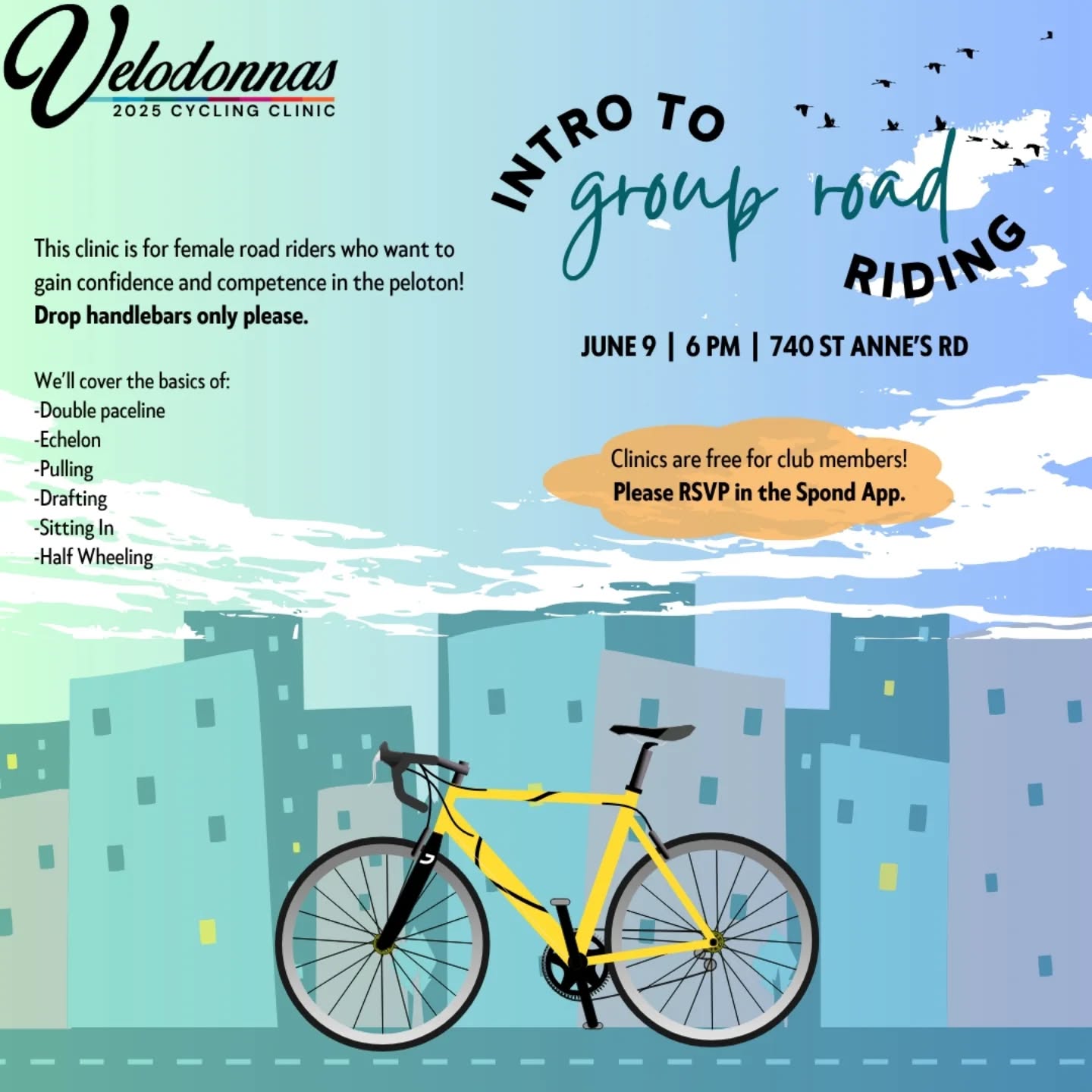 CLINIC ALERT: Our Intro to Group Road Riding Clinic is Monday, June 9!! 🚲🎉🙌
CALLING ALL WOMEN: We’ll explain the content of our Group Riding Guidelines at this evening session, including double paceline, echelon, pulling, drafting, sitting in, and half wheeling! Our clinics are a great way to get to know us and meet new riding friends. Feel free to tag a friend you'd like to join you below!!
Space is limited so please RSVP in the Spond App (link in bio).
Clinics are free for club members! Not a member? Not a problem! Pay what you can. Message us if you need a suggestion.