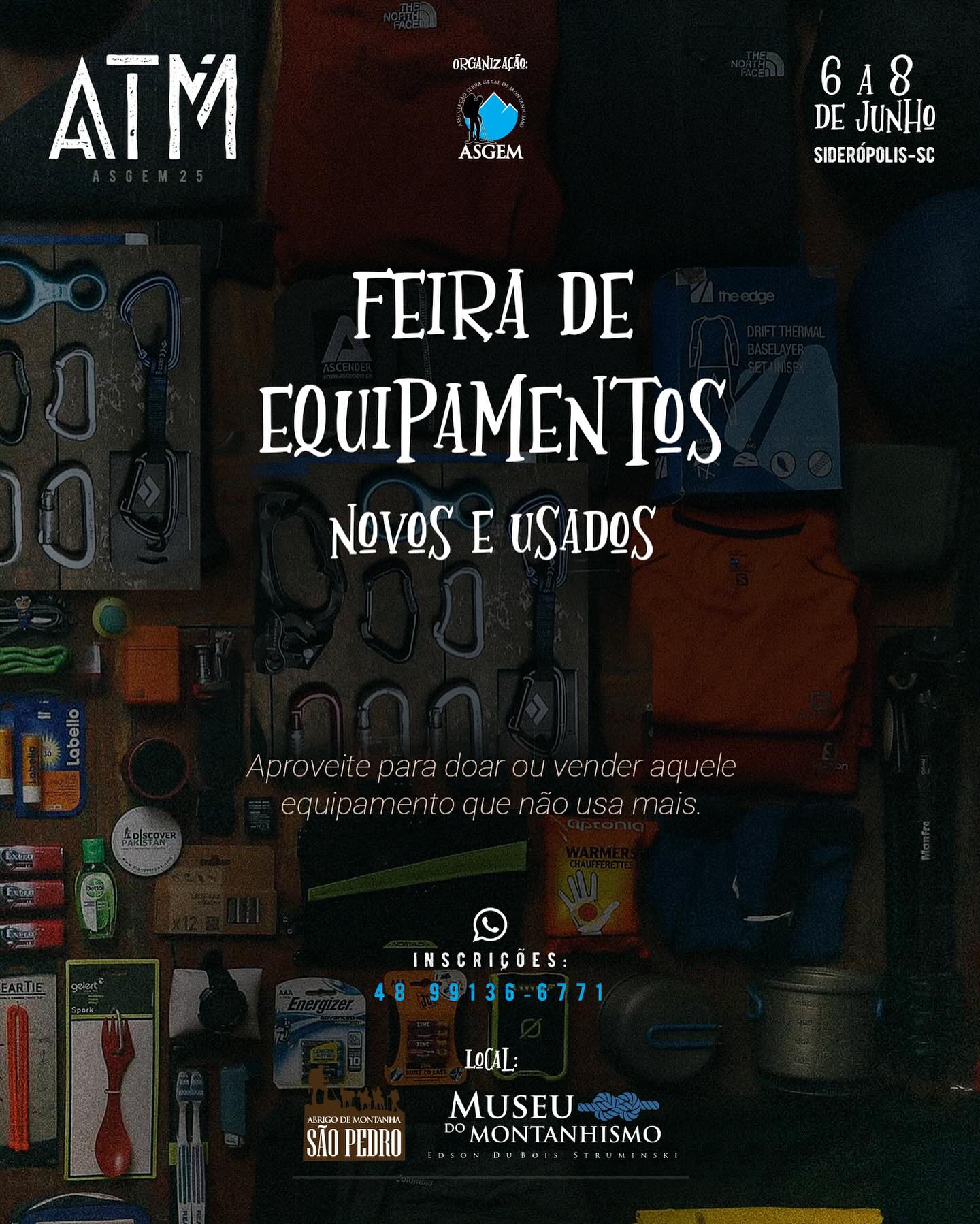 🥾FEIRA DE EQUIPAMENTOS🧥
O ATM está chegando e traz uma oportunidade imperdível:
🔥 FEIRA DE EQUIPAMENTOS NOVOS E USADOS!
Quer comprar, vender ou trocar equipamentos de montanhismo e escalada? Este é o lugar! Traga seus itens e aproveite para renovar seu kit com a galera da comunidade!
👕Colocaremos camisetas da ASGEM para vender no espaço da @sportsadventure.shop
LEMBRANDO:
INSCRIÇÃO GRATUITA PARA ASSOCIADOS!
Basta estar em dia com a associação 🙌
Link para associar-se ou regularizar está na Bio.
Confirme presença no ATM pelo whats da Secretaria, link na Bio.
✅ Camping opcional: R$50,00 (valor único do evento e por pessoa)
💳 PIX: 02132090980
📝 Referência:Jose Carlos dos Santos Junior
Envie o comprovante para a secretaria da AGEM, link na Bio.
🍽️ Jantar de sábado:
*(O cardápio é Carreteiro e o Valor será divulgado em breve) Confirme pelo WhatsApp da Secretaria, link na Bio.
✨Reencontros e conexões que só o ATM proporciona!
⏰ Não deixe pra última hora!
Regularize sua associação e garanta seu lugar. Convide amigos para fazer parte!
#ATM2025 #Montanhismo #Escalada #ComunidadeOutdoor #FeiraDeEquipamentos #ASGEM #serrageral #montanhismo #camping #trilhandoemsc #trekking #serracatarinense