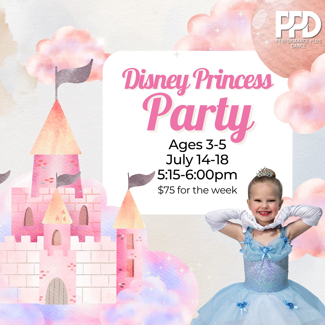 Dance to your favorite songs from your favorite  Princesses at our Disney Princess Party! This camp is ALMOST full, so register today at performanceplusdance.com 🫶💕