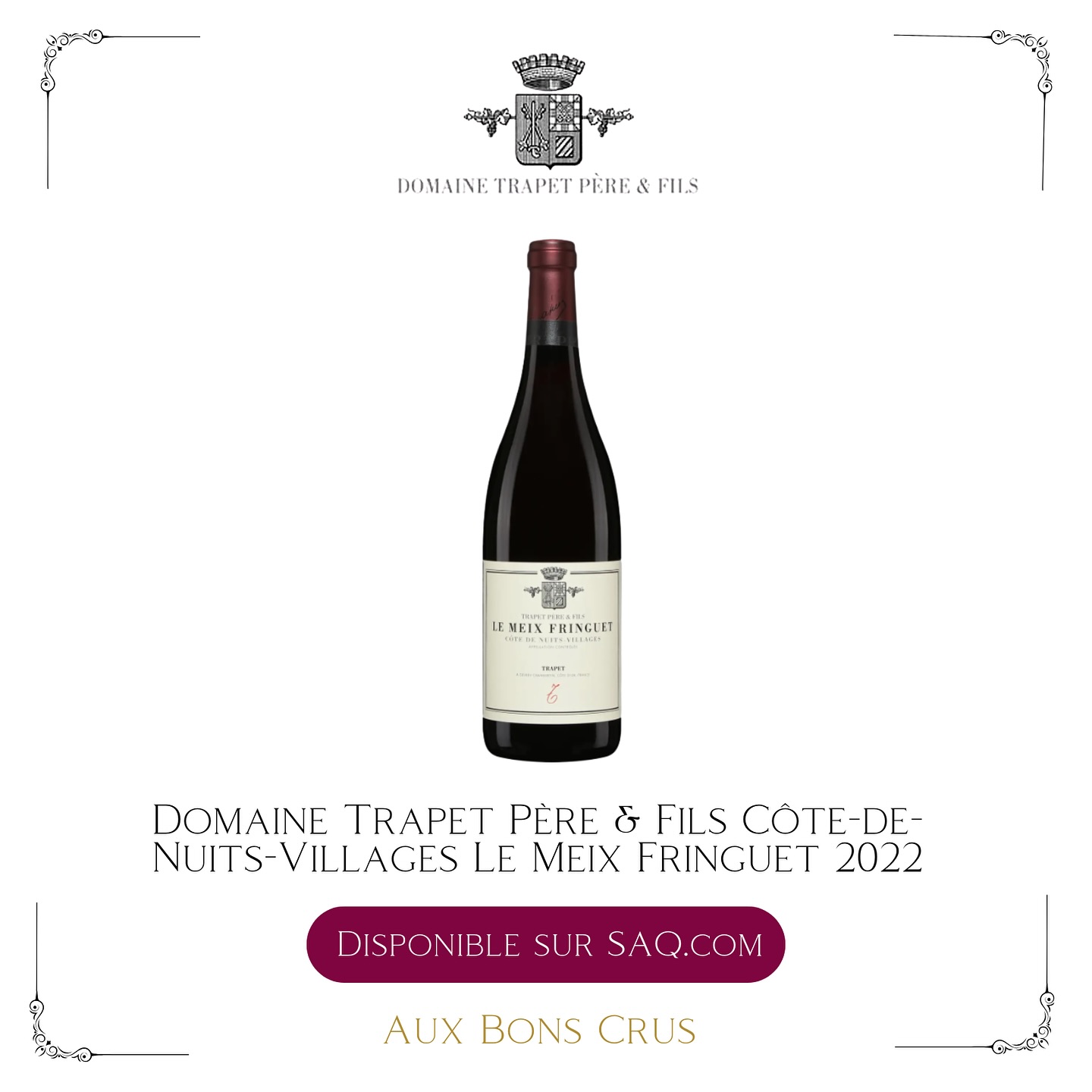 🍷Nouveauté à découvrir sur saq.com!
Domaine Trapet Père & Fils
Côte-de-Nuits-Villages Le Meix Fringuet 2022
🍇 Pinot Noir 100 %
🍷 Issu d’un climat situé juste au sud de Gevrey, ce Côte-de-Nuits Villages développe une matière souple, des notes de fruits noirs (cassis, mûre), une texture juteuse et une finale délicatement épicée. Un vin sérieux mais immédiatement accessible, pour les amateurs de finesse.
⌛ À boire dès maintenant et sur 4-5 ans.
🍴À déguster avec un rôti de porc aux herbes ou un tajine végétarien.