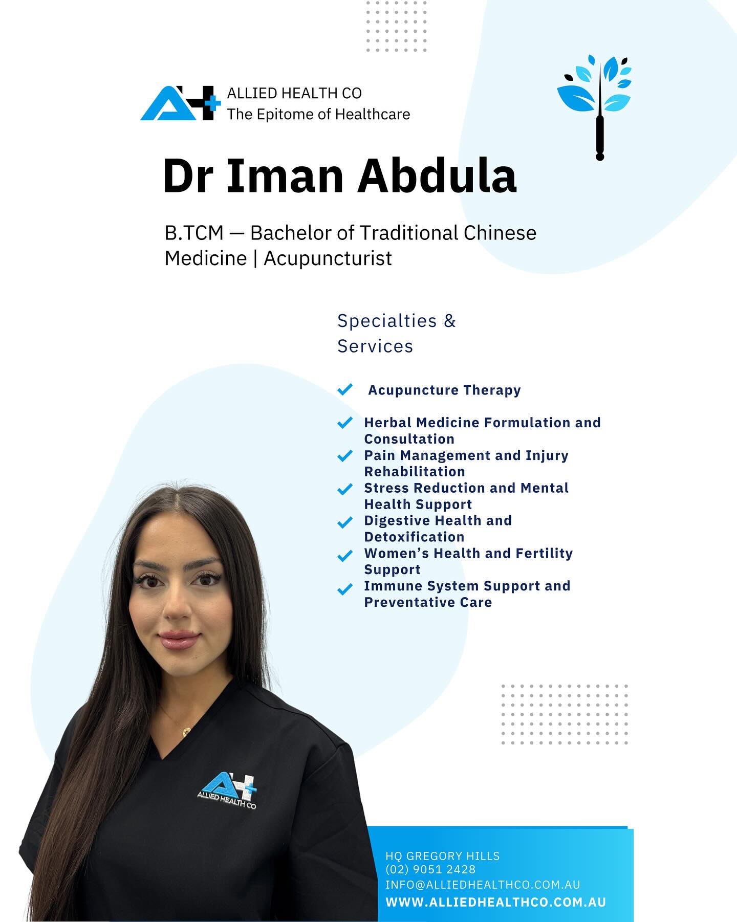 Welcome Dr. Iman Abdula to the Allied Health Co. team! 🎉
We’re thrilled to introduce our newest Acupuncturist, Dr. Iman Abdula (B.TCM), who brings a holistic approach to healing through Traditional Chinese Medicine.
✨ Specialising in:
✔️ Acupuncture Therapy
✔️ Herbal Medicine
✔️ Pain & Injury Rehabilitation
✔️ Women’s Health & Fertility
✔️ Mental Health & Stress Relief
✔️ Immune Support & More!
💥 Introductory Offer: Get 15% OFF your first acupuncture session when you book now! 💥
📍 39-47 Lasso RD, Gregory Hills 2557
📞 (02) 9051 2428
🌐 www.alliedhealthco.com.au
📧 info@alliedhealthco.com.au
#AlliedHealthCo #Acupuncture #GregoryHillsClinic #TraditionalChineseMedicine #WomensHealth #StressRelief #NaturalHealing #NewTeamMember #BookNow