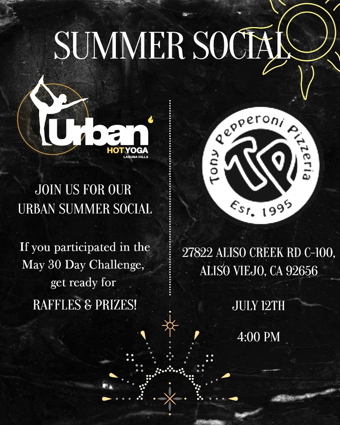 MAY 30 CHALLENGE PARTY IS HERE 🥳🥂
To celebrate all who participated, please join us at @tony.pepperoni.pizzeria July 12th at 4:00PM for the Urban Summer Social 🌞
All of our Urban community is welcome to join, and for those that joined the challenge… we have raffles and prizes for you! 👏🏽👏🏽👏🏽