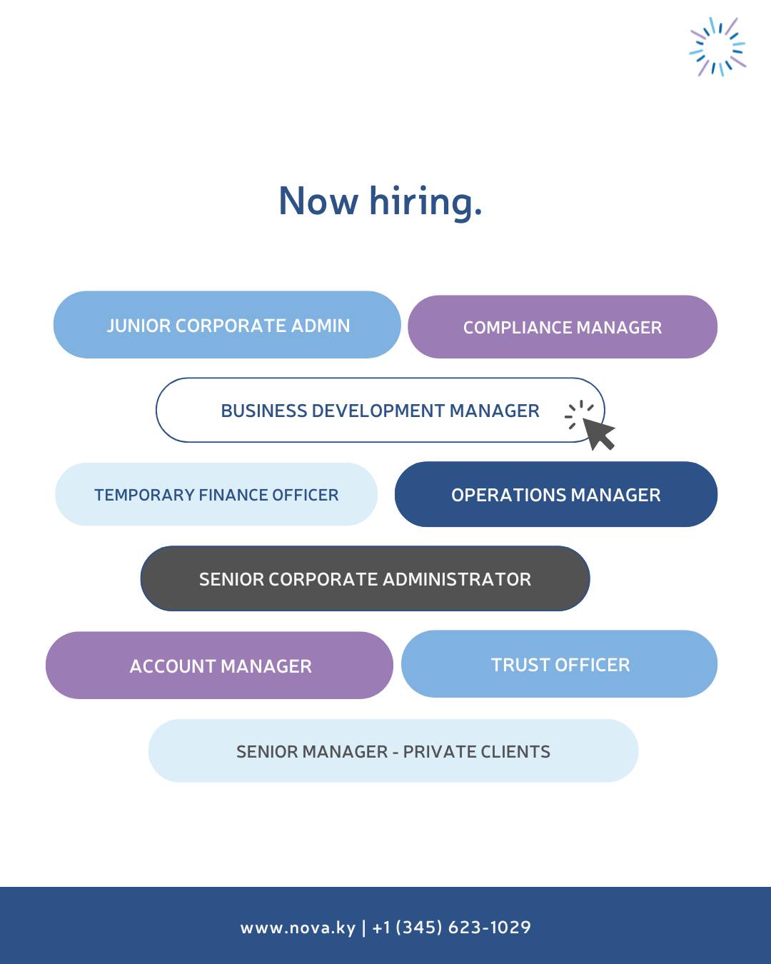 ? Exciting Career Opportunities Await! ?
Are you ready to take the next step in your career? We're recruiting for a variety of roles on behalf of our esteemed clients. Check out these amazing opportunities:
?Junior Corporate Administrator
?Compliance Manager
?Business Development Manager
?Temporary Finance Officer
?Operations Manager
?Senior Corporate Administrator
?Account Manager
?Trust Officer
?Senior Manager - Private Clients
Don't miss out on these fantastic opportunities! Reach out to us today and let us help you land your dream job.
?: https://www.nova.ky/job-results
#NowHiring #LoveYourWork #CaymanIslandsJobs #JobsCayman #ApplyNow #CaymanJobs #JobsCayman