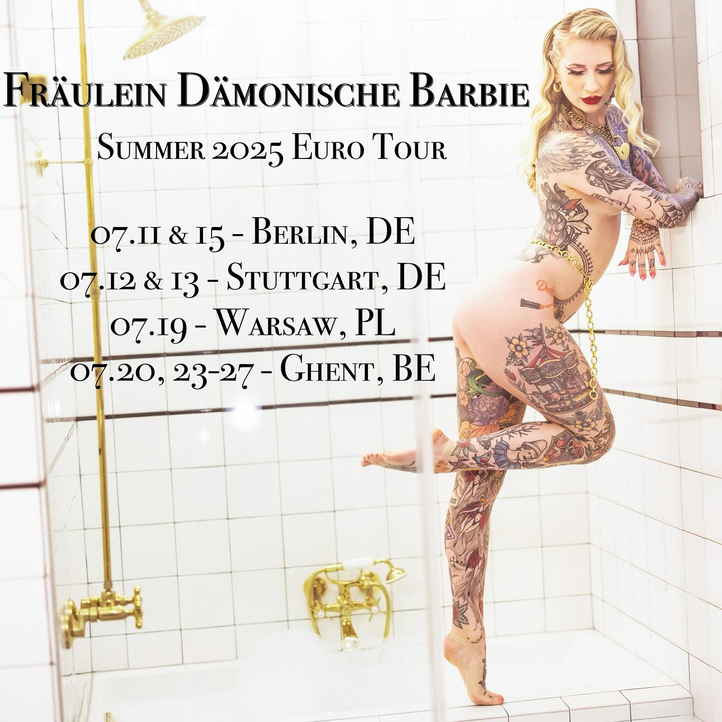 I’m back in Europe baby!!! First time touring here since 2019 and I couldn’t be more thrilled 🤩 join me on my Fräulein Dämonische Barbie ~ Summer 2025 Euro Tour ❤️🔥❤️🔥🌹🍷
July 11 - @str1pitoff at @tipsy_bear_berlin - Berlin, DE
July 12-13 - @paradiesfarben at @renitenztheater - Stuttgart, DE
July 15 - Burlesque Floorwork Masterclass at @shimmyshakeberlin - Berlin, DE
July 19 - @madameqwarsaw - Warsaw, PL
July 20, 23, 24, 27 - @mardigrasfestival at Gentse Feesten - Ghent, BE
July 25-26 - @zoebizoe & International Friends at @gentse.feesten - Ghent, BE
July 26 - Burlesque Floorwork Masterclass at @thecherrydots Burlesque Bazaar - Ghent, BE
••
••
••
📷 @garrett.matthew