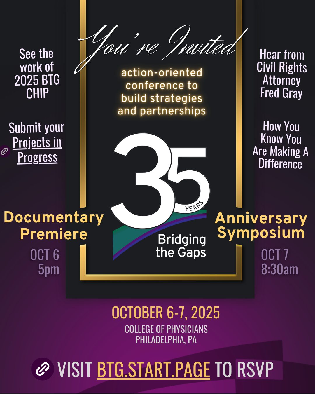 📩 RSVP to join us on October 6-7, 2025 for #BTG35 - an action-oriented conference to build strategies and partnerships, in honor of the 35th anniversary of Bridging the Gaps!
The #BTGdocumentary premieres the evening of Oct 6, followed by a day of interactive #BTGsymposium sessions on Oct 7 for all - students, alumni, community, grantmakers, & more.
🔗 link-in-bio to RSVP