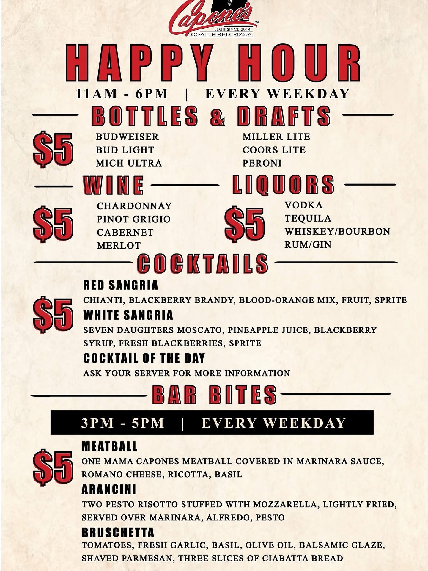 šøSwing into Capones for our NEW Happy Hour every Monday through Friday and sip like itās the Roaring ā20s!
Featuring $5 Select Beer, Wine, Liquor & Cocktails from 11am-6pm!
Plus our new Happy Hour bar bites, available from 3pm to 5pm:
š Mama Capones Meatball
š Arancini
š Bruschetta
Come for the food & drinks, stay for the atmosphere!
.
.
.
.
#caponescoalfiredpizza #downtownfortmyers #swflfoodies #happyhourinfortmyers #speakeasy