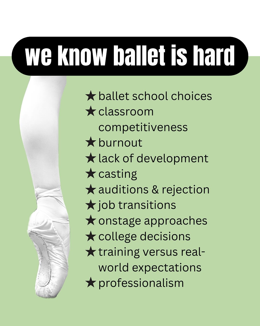 Mentorship built for serious ballet dancers. | Students, pros, families |
1:1 & group mentorship | Book your session now — link in bio 🩰