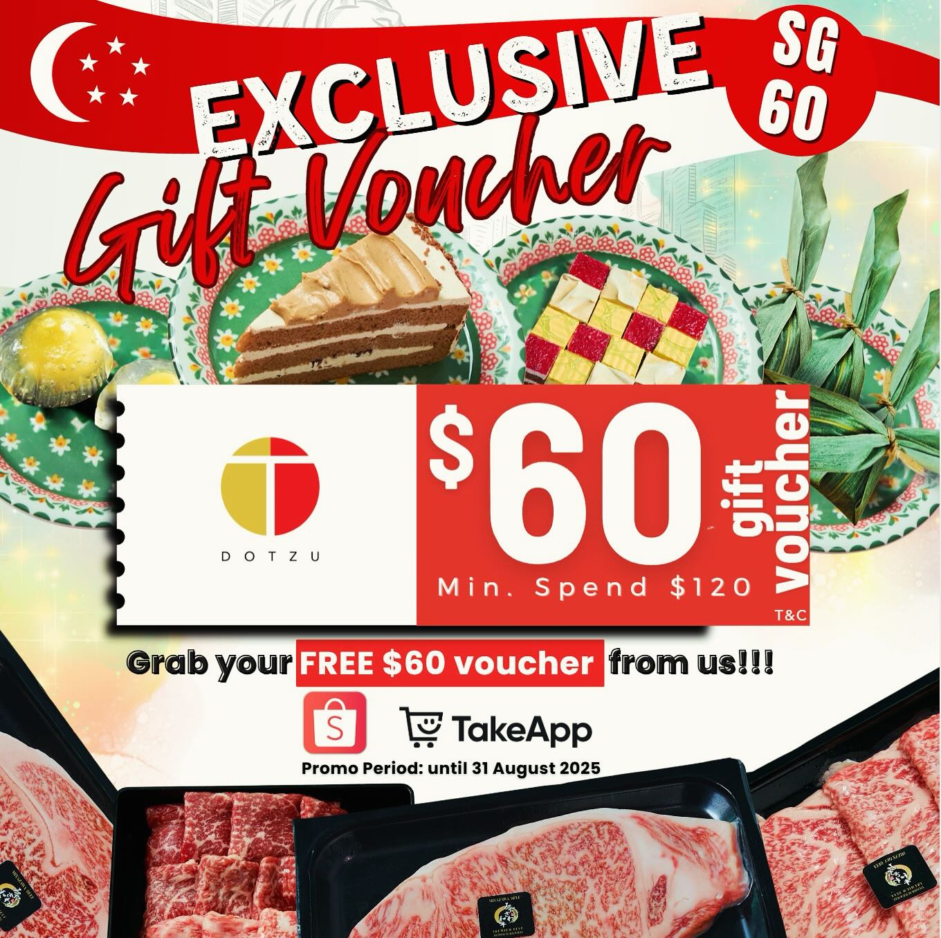 🎉 SG60 Celebration Starts Now! 🎉
We’re turning up the heat for Singapore’s 60th — and YOU get the gift! 🎁
Get a $60 voucher with $120 spend — and enjoy immediate deduction at checkout! 🇸🇬
⏰ Offer valid now till end of August — don’t miss out!
📦 All products are flown in direct from Japan — quality guaranteed.
👉 Link in bio to shop the celebration.
#dotzusg #SG60 #japanesewagyu #A5wagyu #sggiveaway #sgfoodie #rte #wagyulovers #dotzuexclusive #directfromjapan #singaporepromotion #dotzuselection